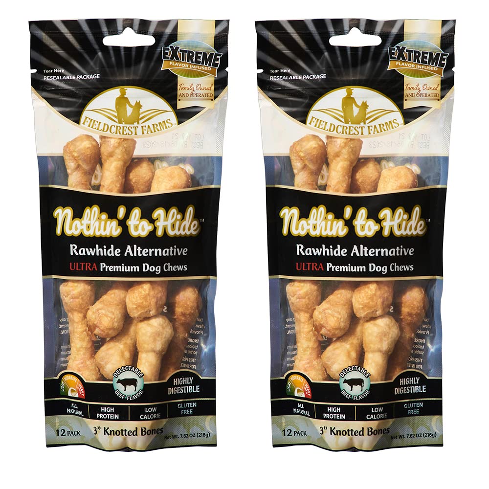 Fieldcrest Farms Natural Rawhide Alternative Dog Chews - 3'' Knotted Bones for Small Dogs | Easily Digestible & Dental Health Benefits | 24-Pack for Training, Teething & Playtime