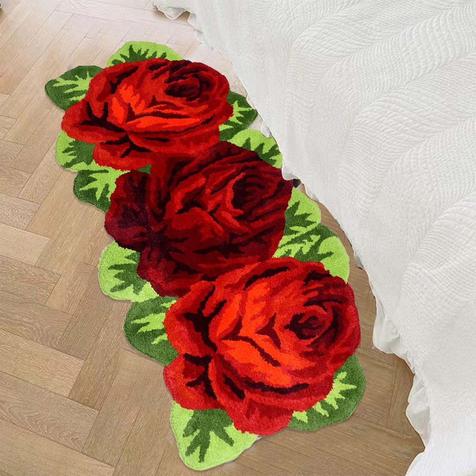 ABREEZE Washable Red Rose Shaped Shaggy Rug - Non-Slip Plush Floral Bath Runner & Modern Carpet for Bedroom, Living Room, Bathroom - Soft Floor Mat for Home Decor (3 Roses Design, Red)