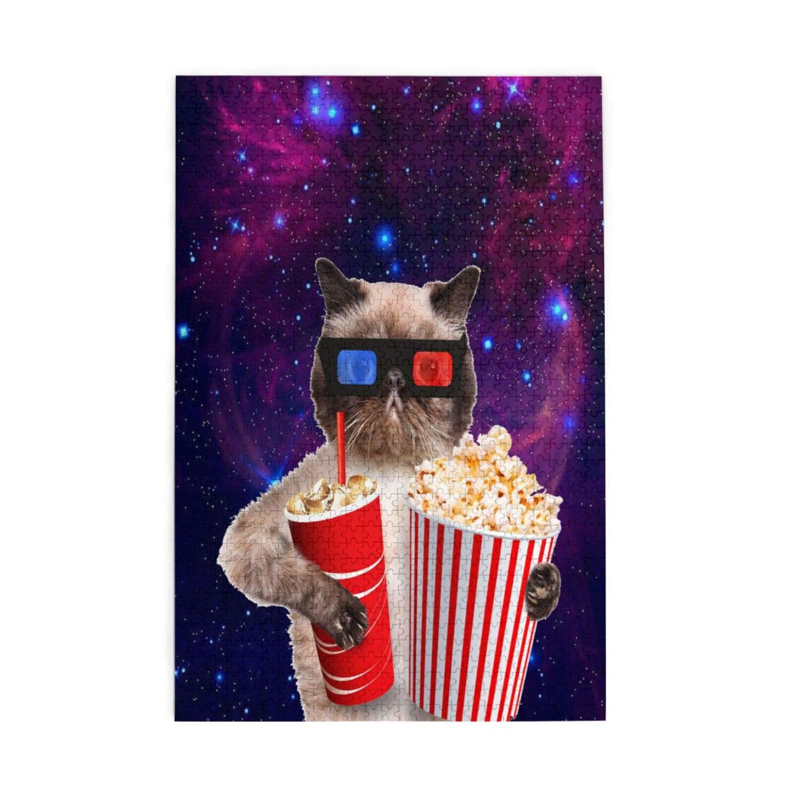 1000 Piece Cat Watching Movie Jigsaw Puzzle with Popcorn & Drink - Wooden Puzzle for Adults & Kids (20x30) - Stress Relief Game, Family Entertainment, Home Decoration & Gift Idea
