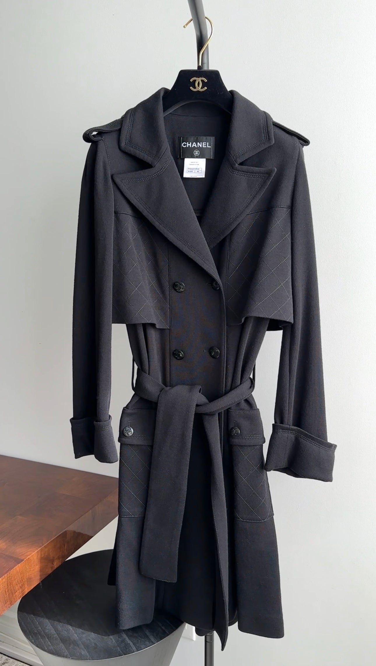 Chanel 11A Black Wool Knit Jersey Belted Trench Coat for Women - Size FR40 / US 8 (Medium) - Perfect for Office Wear, Fall Fashion & Luxury Outerwear