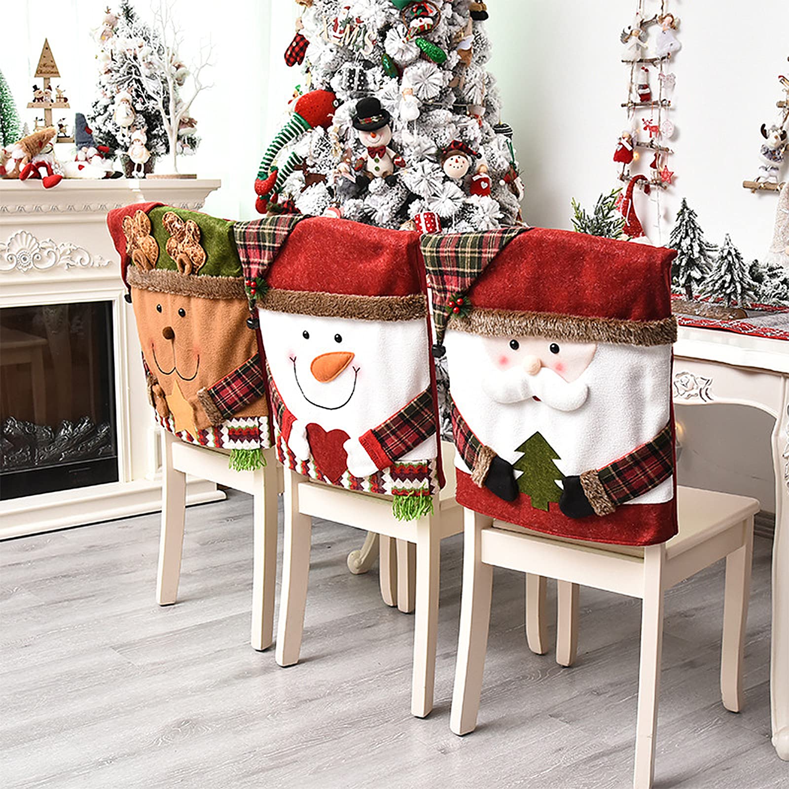 6 Pcs Christmas Chair Back Covers - Santa Claus Snowman Reindeer Holiday Dining Chair Slipcovers for Kitchen, Hotel & Party Decor | Perfect for Christmas Dinner, Holiday Gatherings & Festive Home Decoration