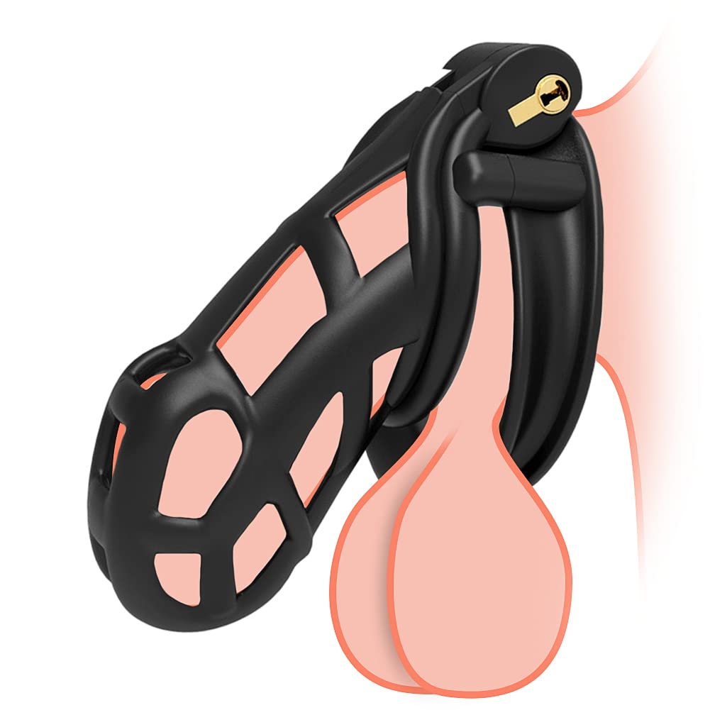 Male Chastity Device Cock Cage with 4 Adjustable Rings - Resin Chastity Lock for Penis Exercise & Tease Play - Perfect for BDSM, Couples Play & Male Enhancement (Black)