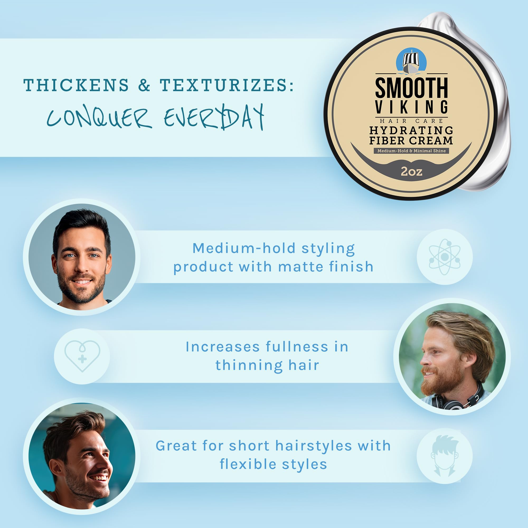 Smooth Viking Hydrating Fiber Cream for Men - Natural Styling Cream, Hair Gel & Paste | Made in USA, 2oz | Perfect for Daily Styling, Textured Looks & Frizz Control