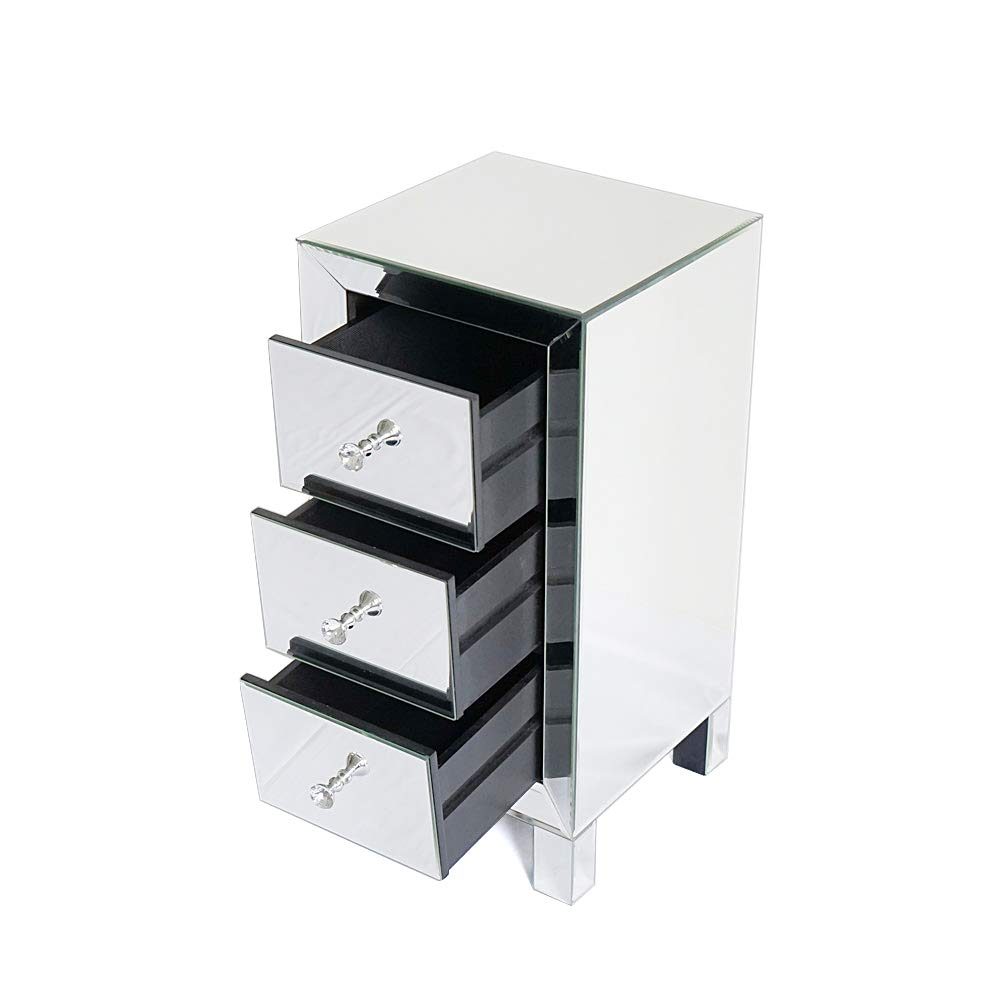 SSLine Modern 3-Drawer Mirrored End Table - Silver Finish Glass Nightstand & Bedside Dresser, Entryway Console Cabinet for Living Room, Bedroom & Hallway