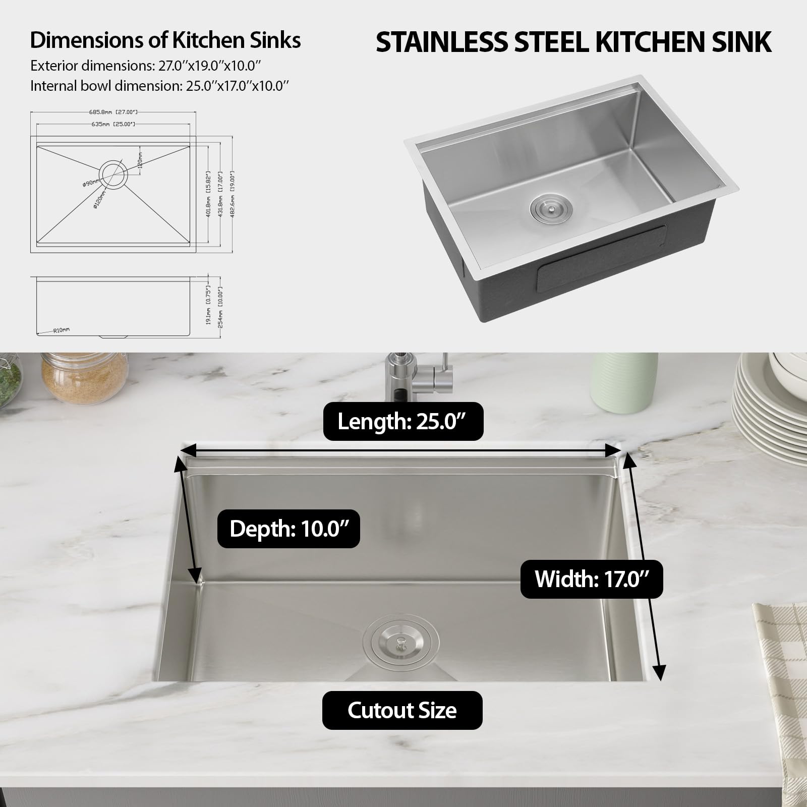 Funmier 27×19 Stainless Steel Undermount Kitchen Sink - Deep Single Bowl Workstation with Cutting Board for Modern Home Kitchens
