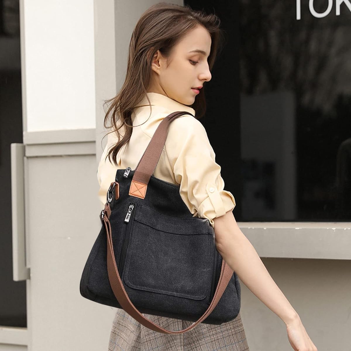 Venzina® Stylish Canvas Tote Bag for Women & Girls - Detachable Strap, Shoulder Bag with Zip Closure - Perfect for College, Travel & Everyday Use - Black Crossbody Handbag
