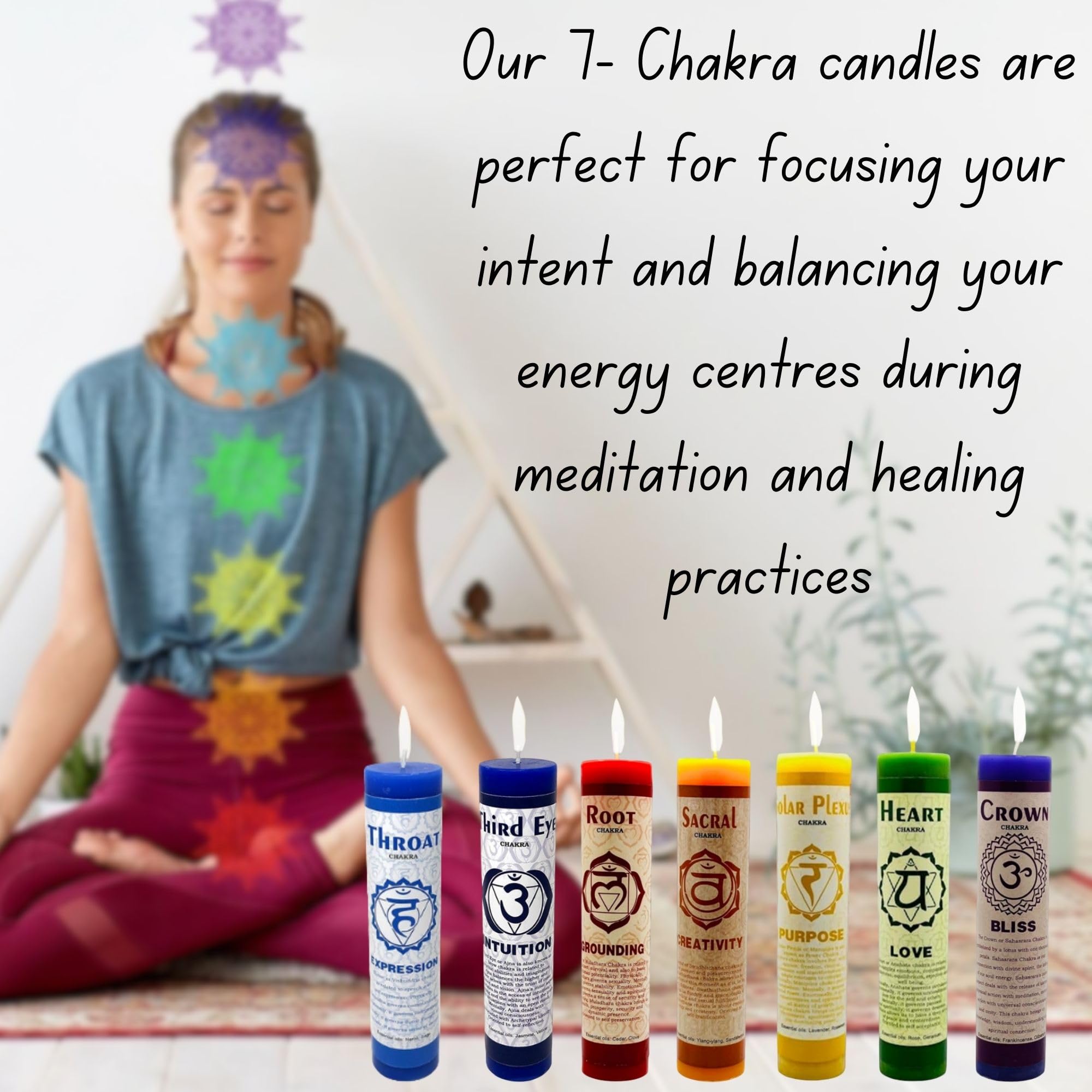 Vrinda® 7 Chakra Scented Candle - 7 Inch Aromatherapy Meditation Candle Set with Natural Essential Oils for Yoga, Relaxation & Stress Relief - Hand-Poured Violet Scented Candle for Home Spa, Bedroom Decor & Spiritual Healing