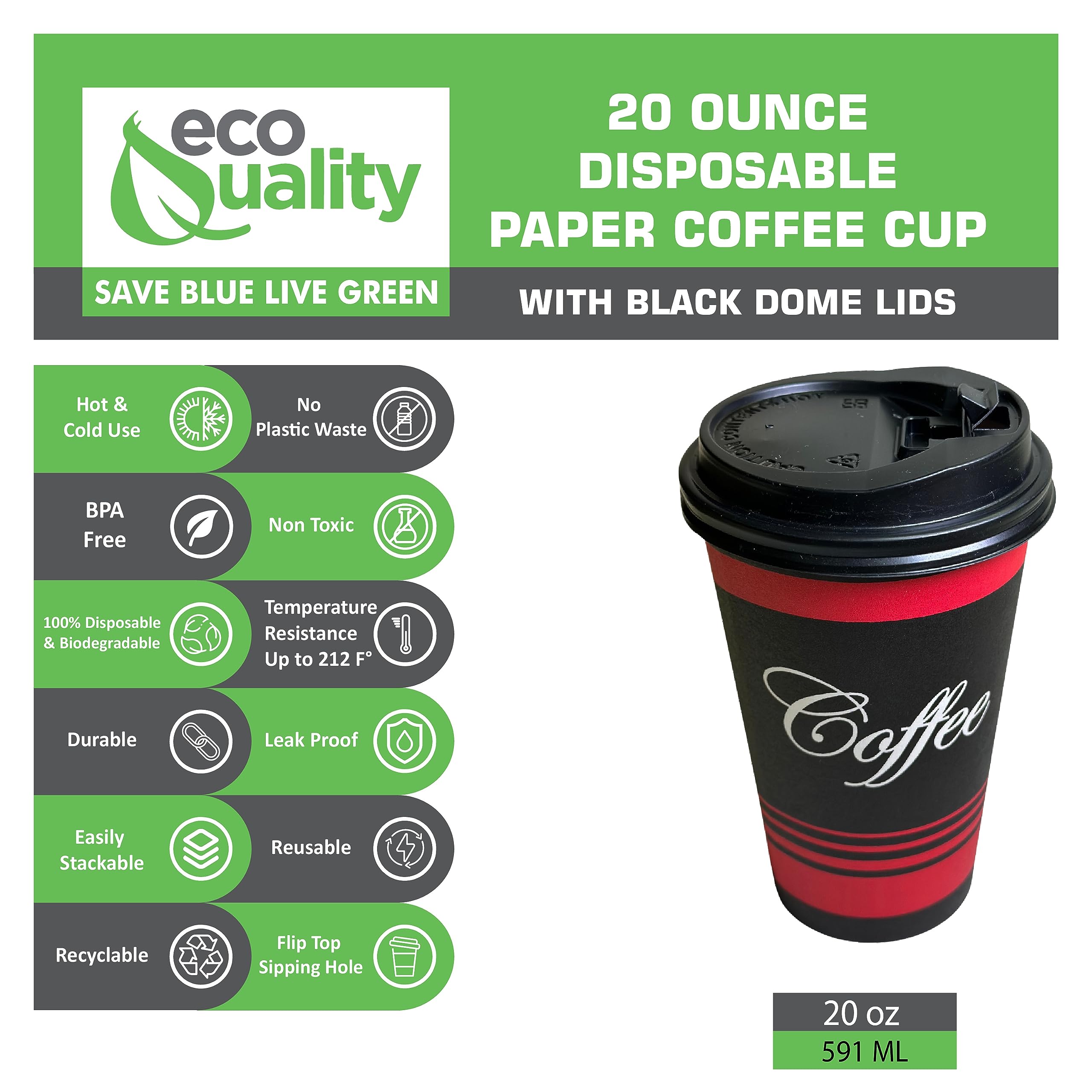 EcoQuality 20 oz Extra Large Disposable Paper Cups with Black Dome Lids - Bulk Pack of 75 for Hot & Cold Beverages, Coffee, Tea, Cocoa - Perfect for Coffee Shops, Offices, Parties, and Travel Use