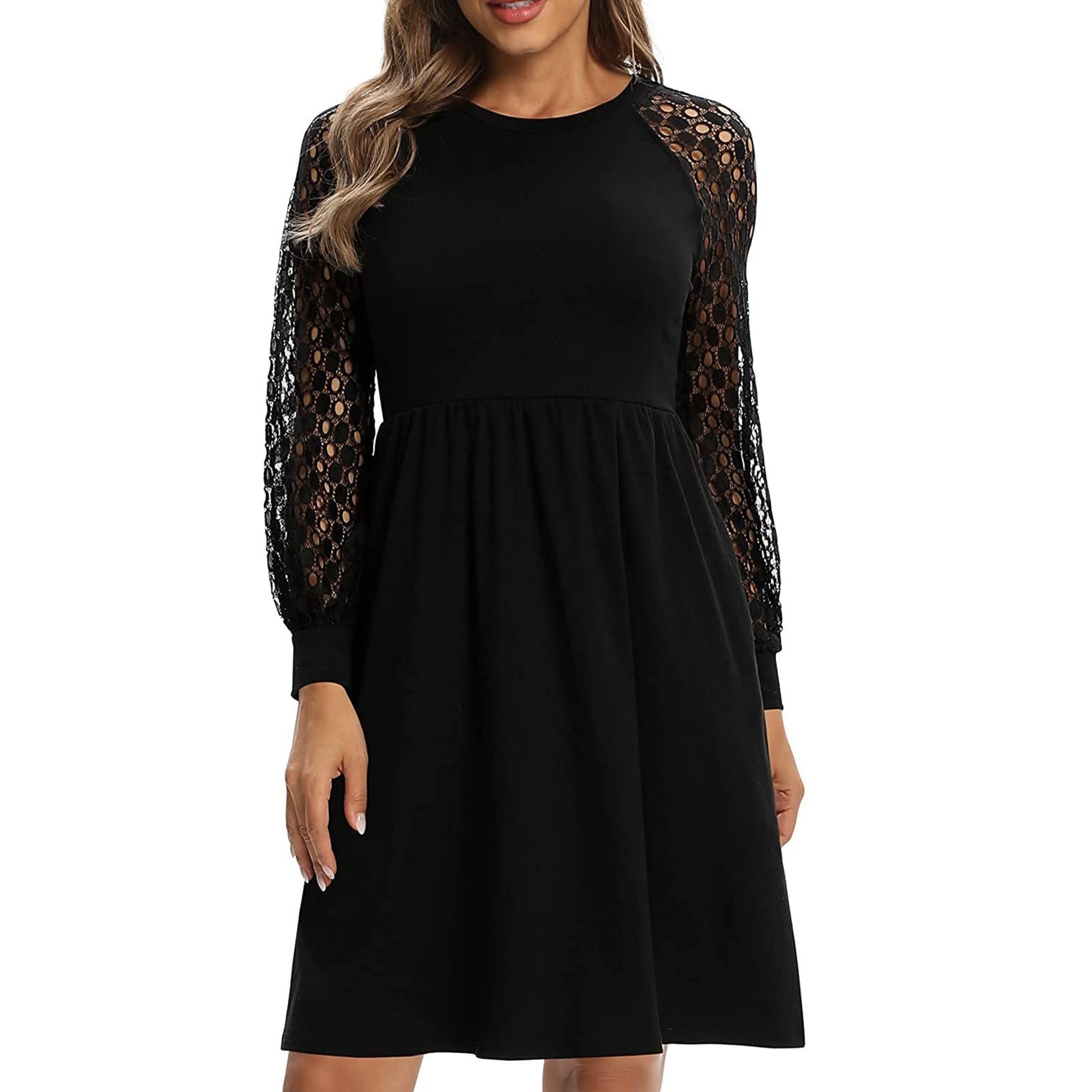 Elegant Women's Ruffle Trim Hollow Lace Long Sleeve Midi Dress - Perfect for Weddings, Parties & Special Occasions