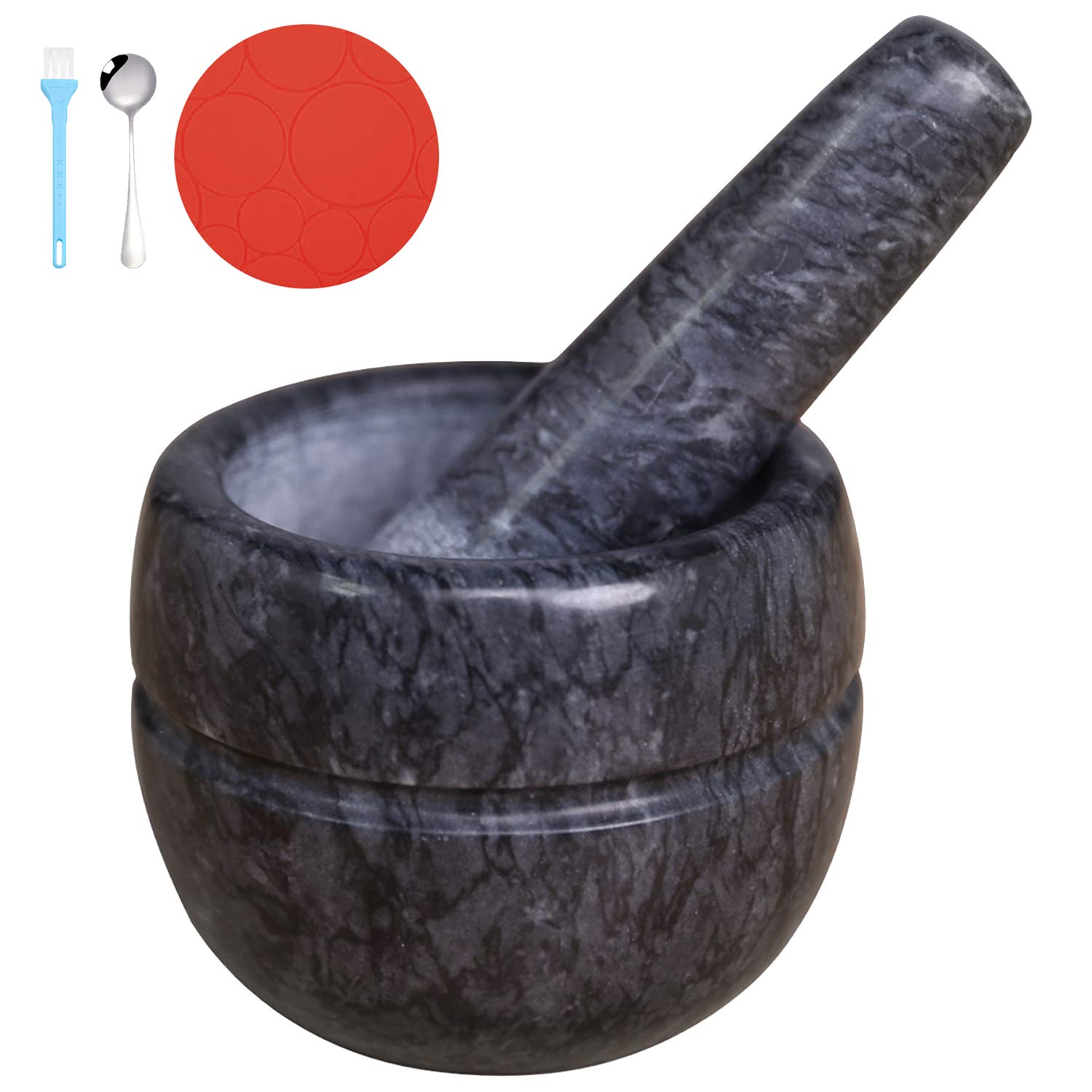 Premium Marble Mortar and Pestle Set - Natural Polished Stone Guacamole Bowl, Herb Grinder, and Spice Crusher with Silicone Mat & Spoon - 200ml (Dark Gray) - Perfect for Making Guacamole, Crushing Herbs, and Grinding Spices in Your Kitchen