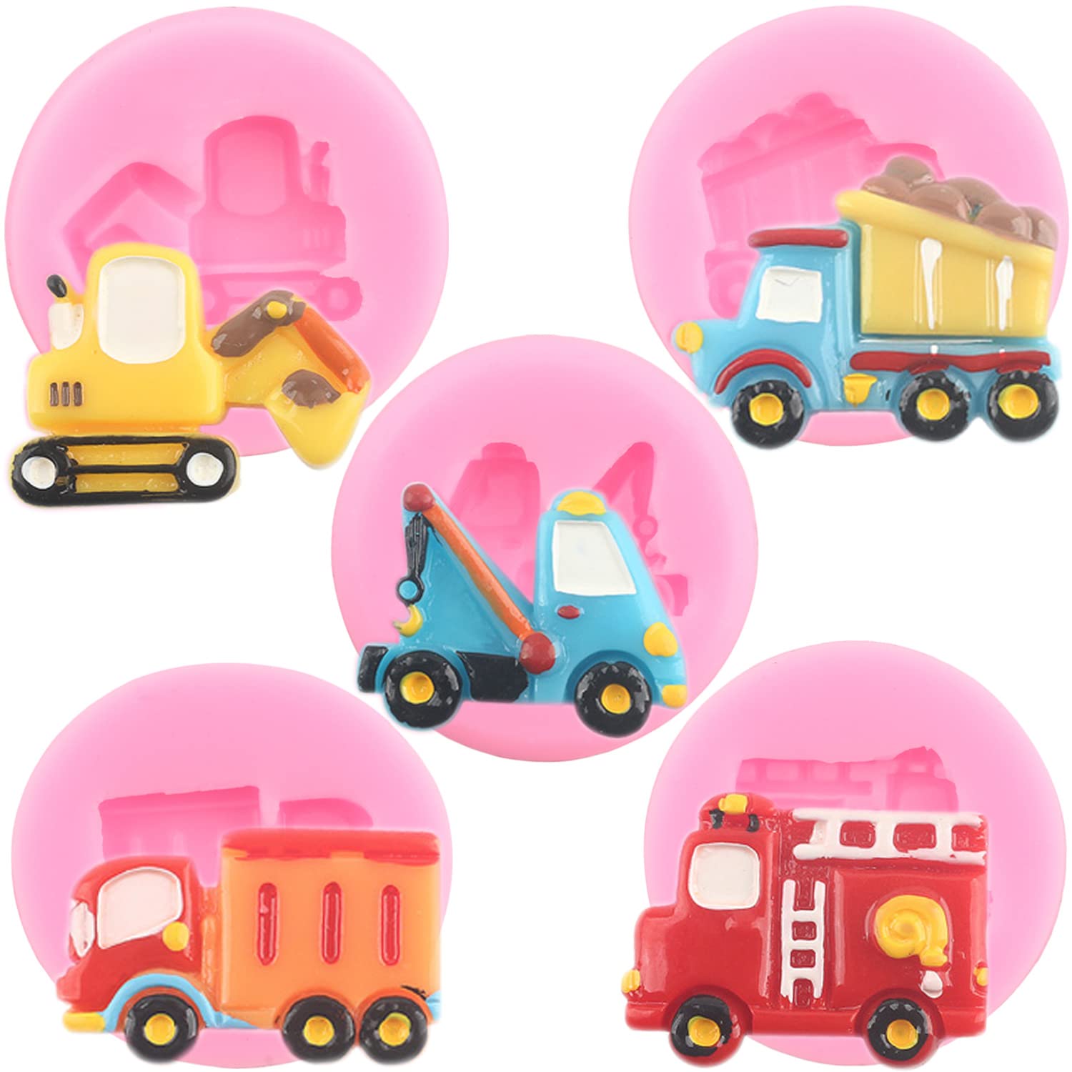 5-Piece Construction Truck Silicone Mold Set - Excavator, Bulldozer, Fire Truck, Crane & Dump Truck for Cake Decorating, Candy, Chocolate & Gum Paste - Perfect for Birthday Parties, Kids' Events & DIY Baking Projects