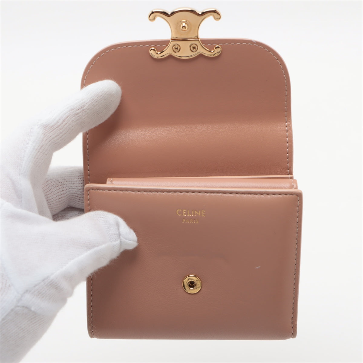Celine Triomphe Beige Compact Flap Card Holder Wallet for Women | Luxury Leather Credit Card Case | Perfect for Everyday Use & Travel Accessories