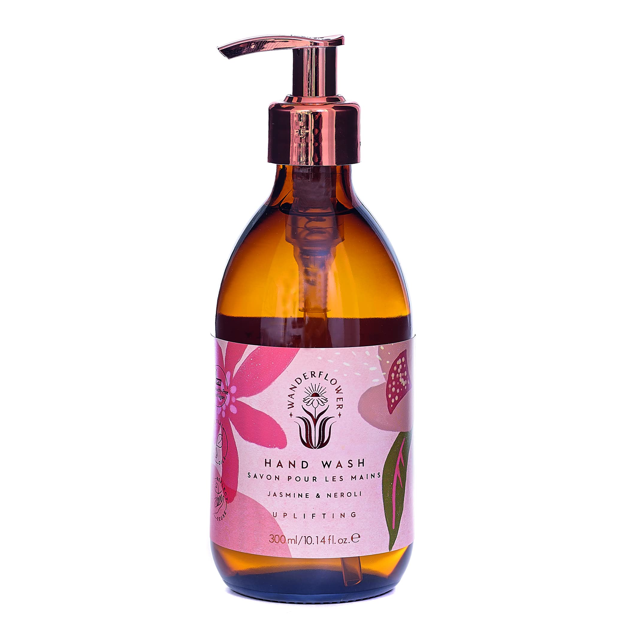 Wanderflower Essential Oil Hand Wash 300ml - Uplifting Jasmine & Neroli Scent | Moisturizing & Antibacterial | Perfect for Bathroom, Kitchen & Guest Soap