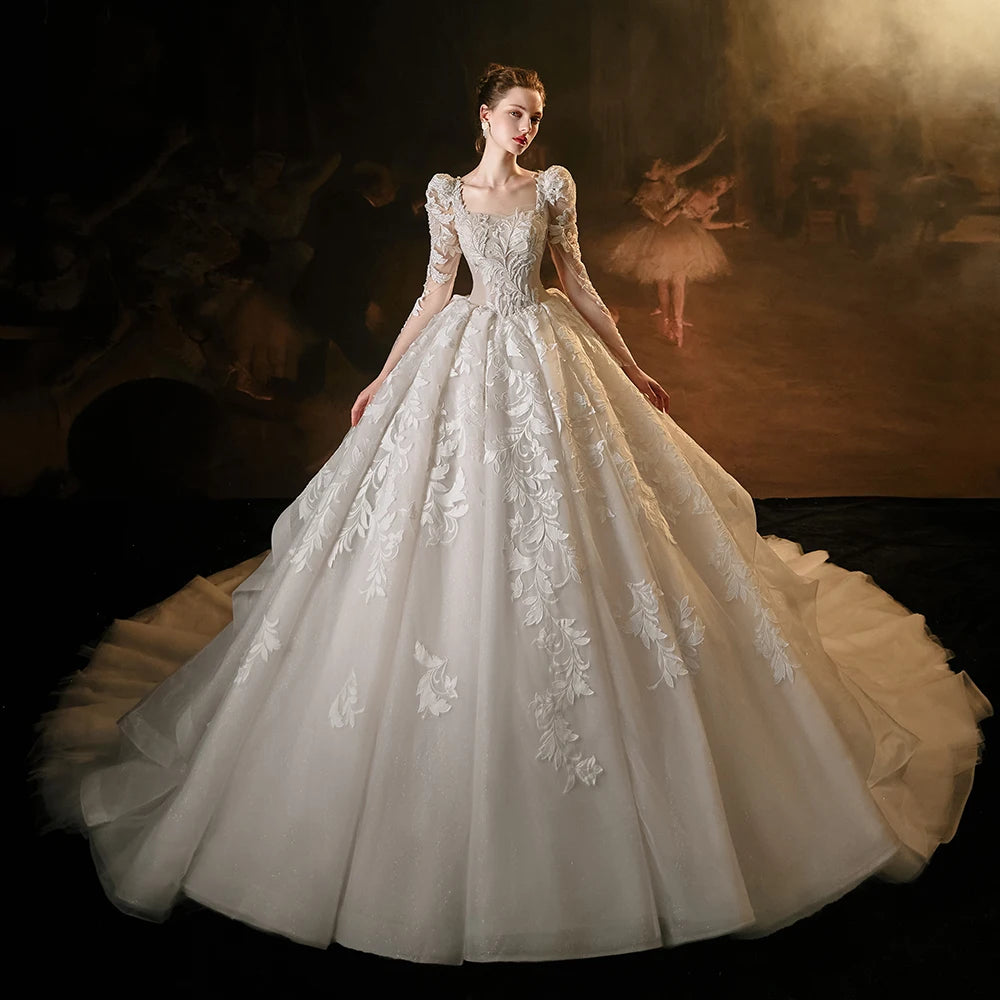 Elegant Princess Square Neck Full Sleeve Ball Gown Lace Up Wedding Dress - Perfect for Bridal Ceremonies, Formal Events & Fairy Tale Weddings