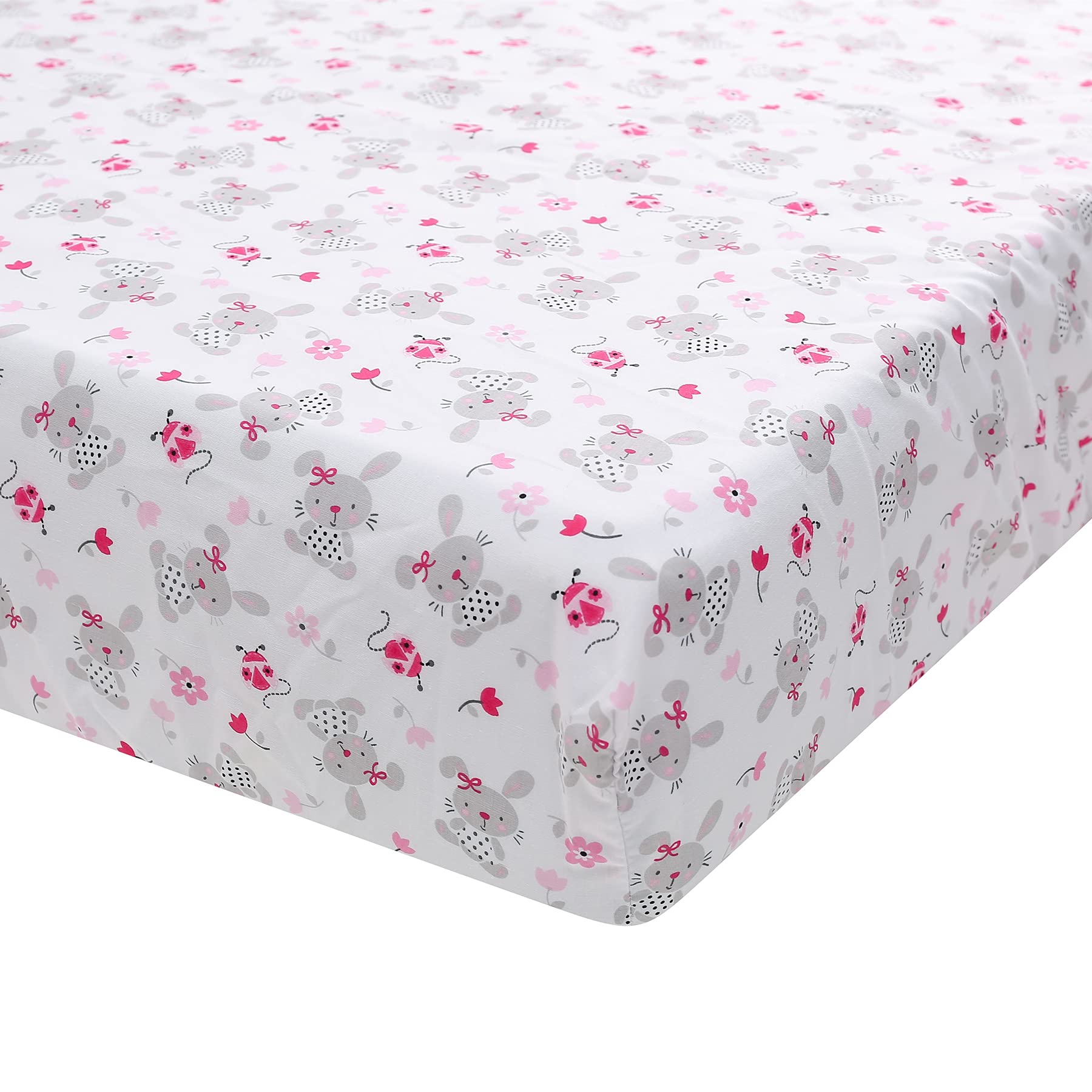 Pink Bunny Crib Bedding Set for Girls - 4 Piece Nursery Set with Comforter, Fitted Sheet, Crib Skirt & Diaper Stacker - 28