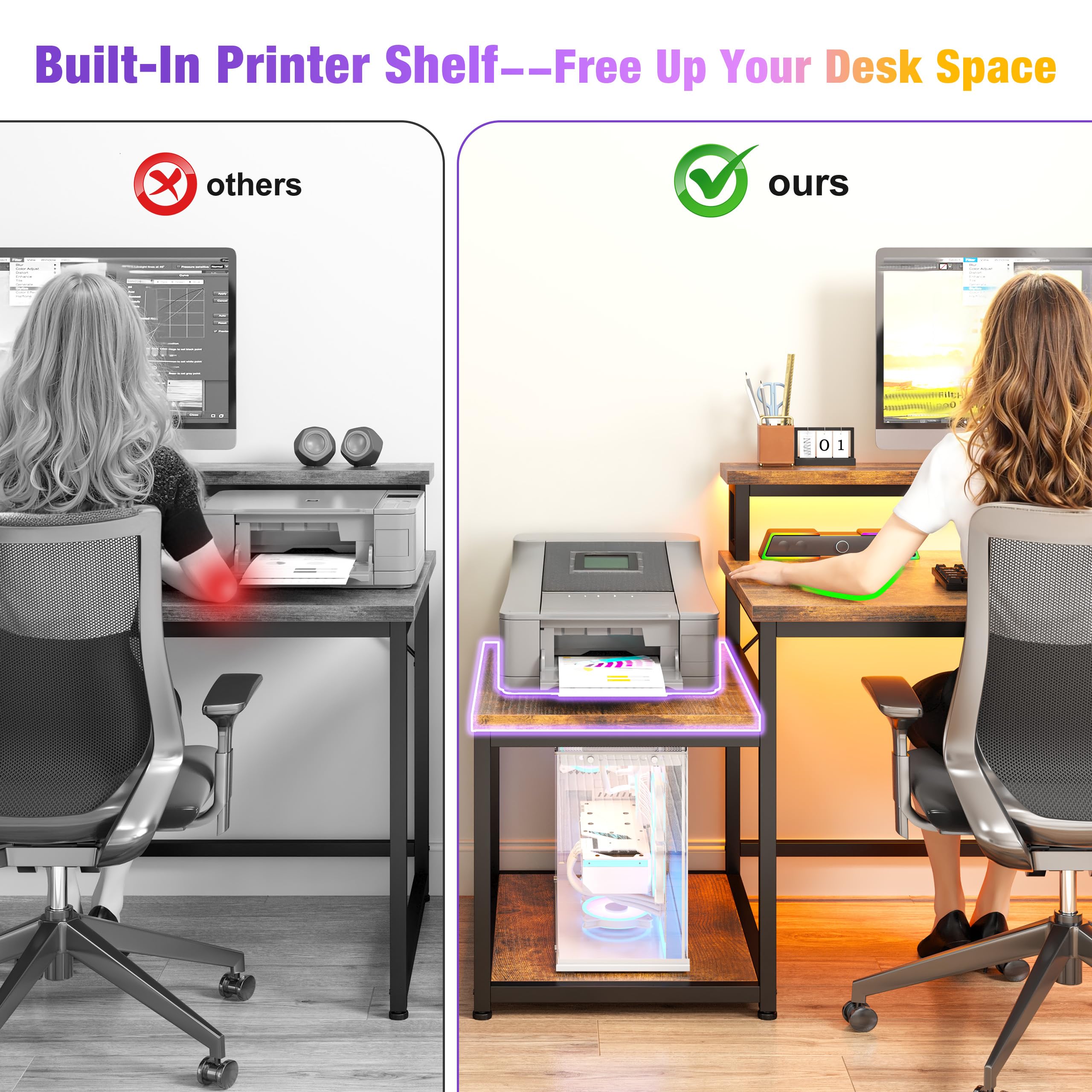 EnHomee L-Shaped Gaming Desk with Shelves, LED Lights & Power Outlets - Rustic Brown Computer Workstation for Home Office & Gaming Setup