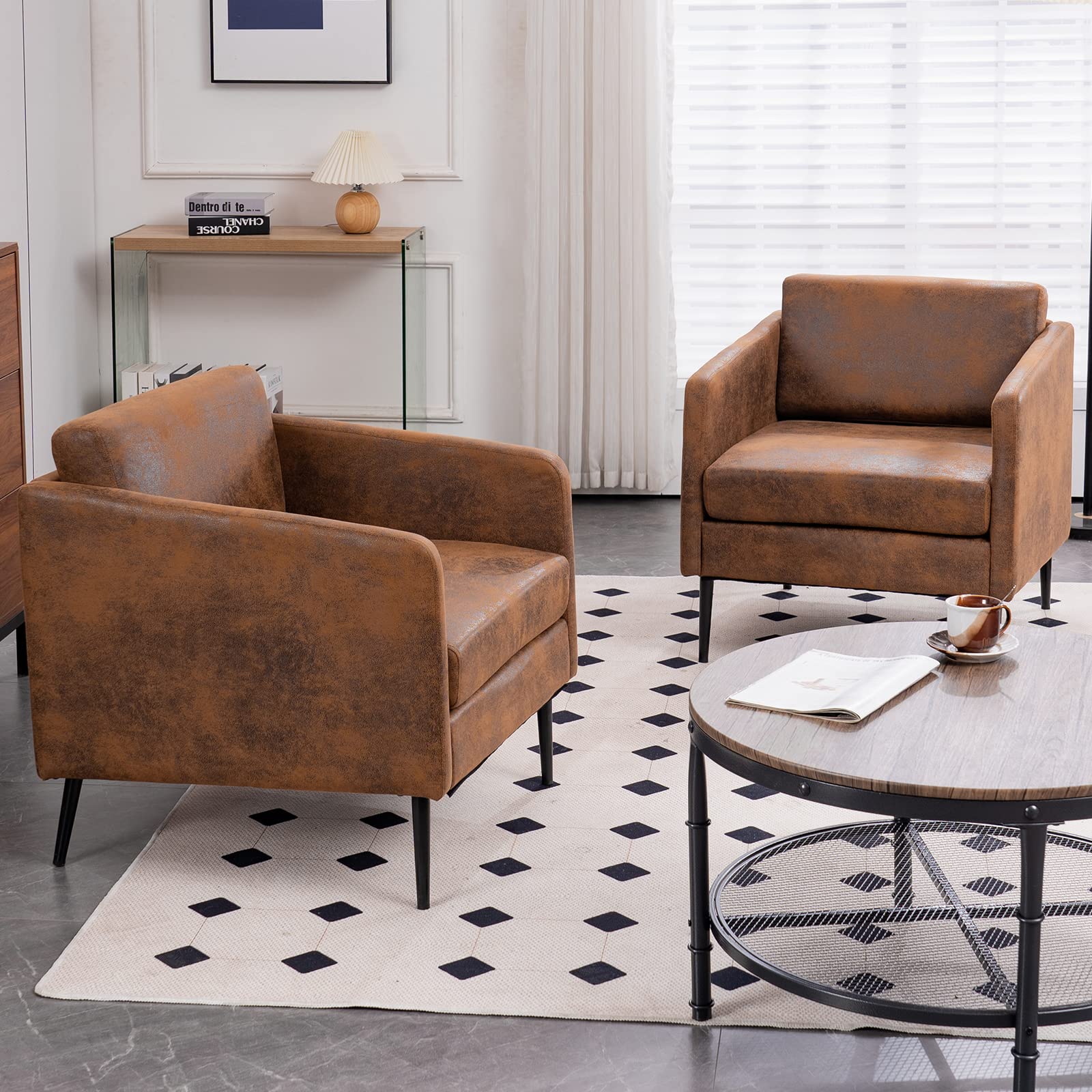 Mid-Century Modern Accent Chair - Retro Club Chair with Bronzing Fabric & Metal Legs, Comfy Single Sofa for Living Room, Bedroom, Office - Orange Velvet Upholstery (Perfect for Lounge, Reading Nook & Home Decor)
