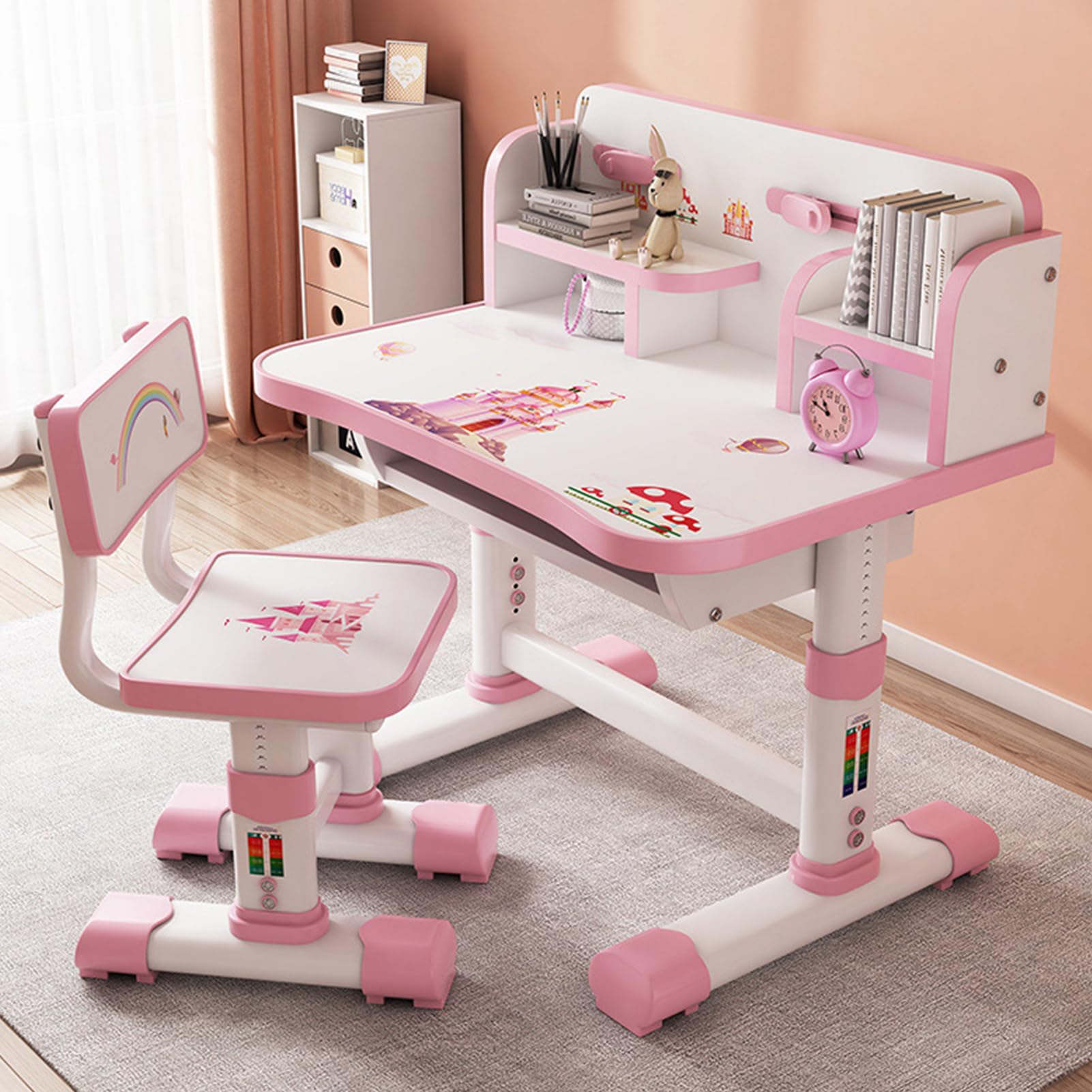 Adjustable Kids Desk and Chair Set - Ergonomic Study Table for Children with Book Stand & Sitting Corrector, Partition Design - Perfect for Homework, Reading & Online Learning (Pink)