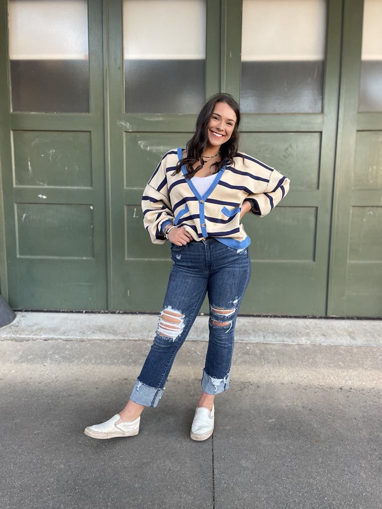 PREORDER: Navy Stripe Contrast Trim Cardigan | Women's Knit Sweater | Perfect for Office Wear & Casual Outfits
