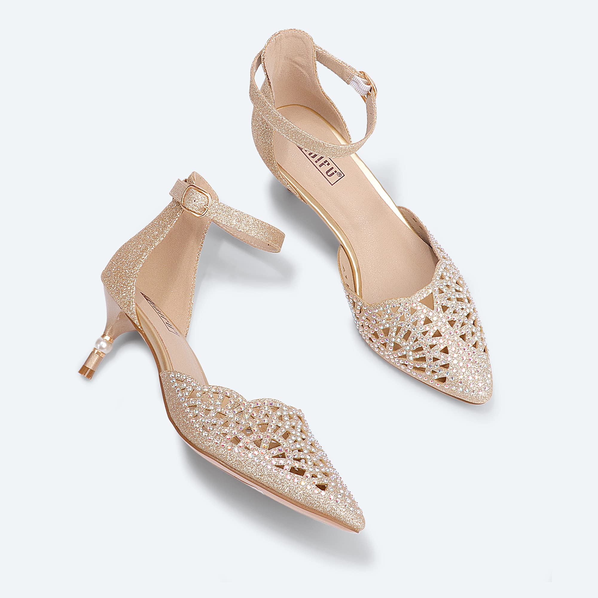 IDIFU Women's Rhinestone Sequins Kitten Heel Wedding Shoes - Elegant Low Heel Bridal Pumps for Bride, Evening Party & Special Occasions
