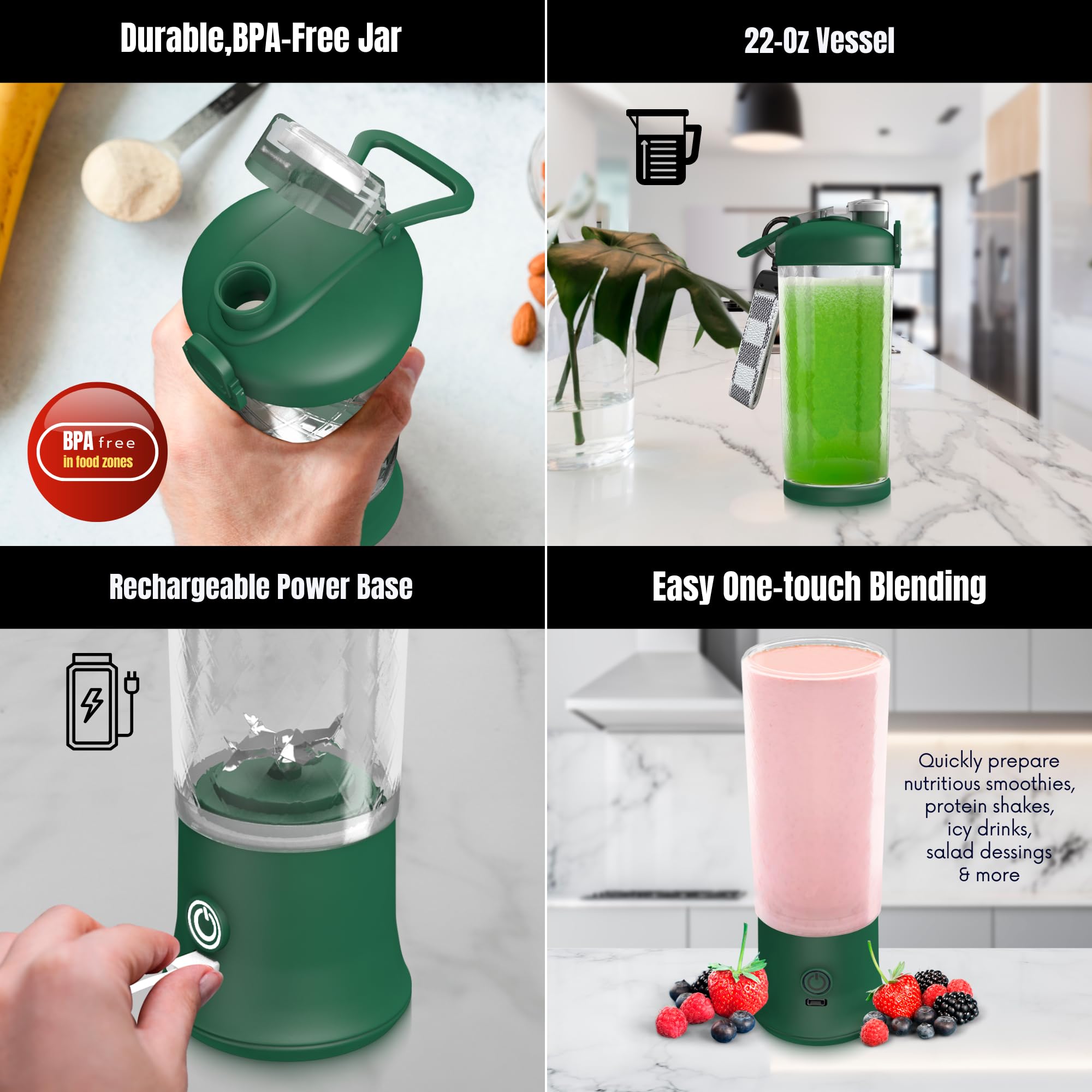 SSKAWorldwide Portable Blender - 21oz Rechargeable Personal Blender with 6 Blades for Smoothies, Shakes & Juices | Perfect for Home, Office, Gym, Sports & Travel | Compact & Lightweight (Green)