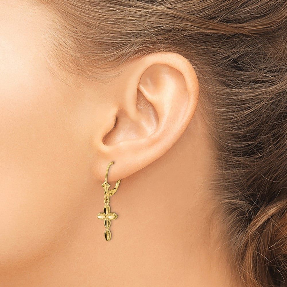 14K Gold Diamond Cut Cross Leverback Earrings TF1770 - Elegant Religious Jewelry for Women, Perfect for Church, Weddings & Special Occasions