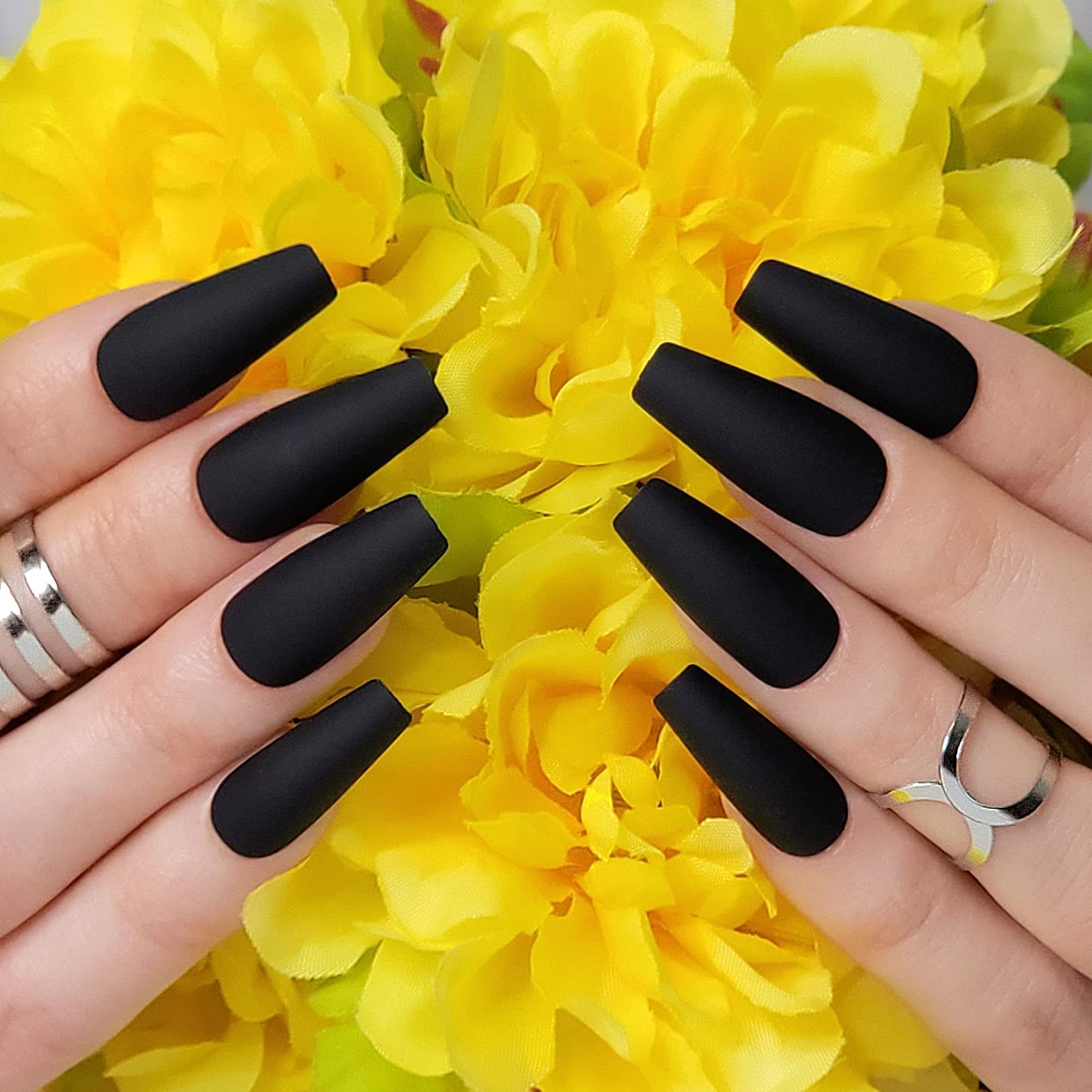 Hypnaughty 24 Pcs Black Matte Press on Nails - Medium Long Coffin False Nails with Glue, Luxury Solid Black Color (Noir) | Perfect for Parties, Weddings, and Special Occasions