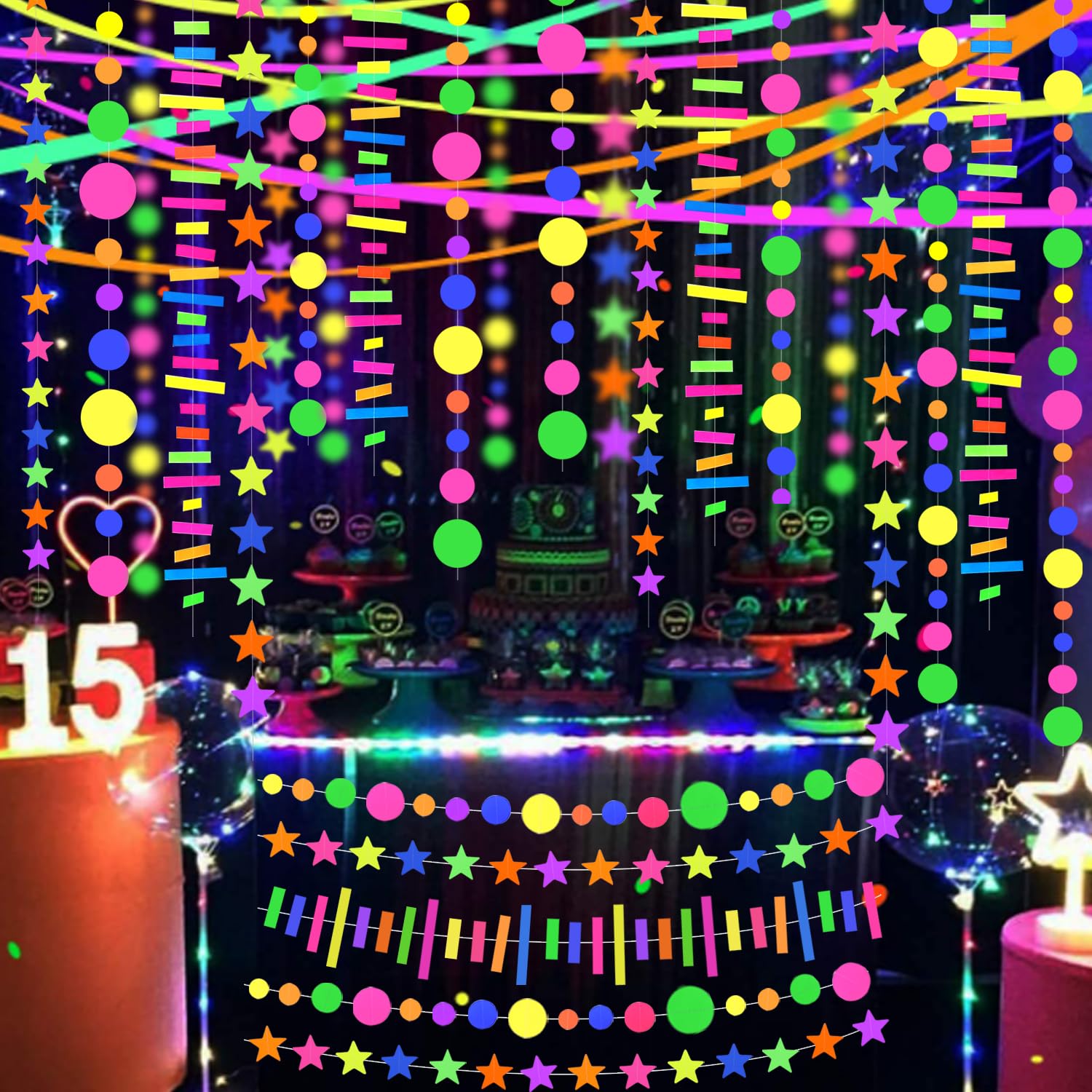 120ft UV Round Dot Paper Neon Garland - Glow in The Dark Party Decorations, Black Light Reactive Streamers for Wedding, Birthday, Rave & Club Events - Perfect for Indoor & Outdoor Glow Parties