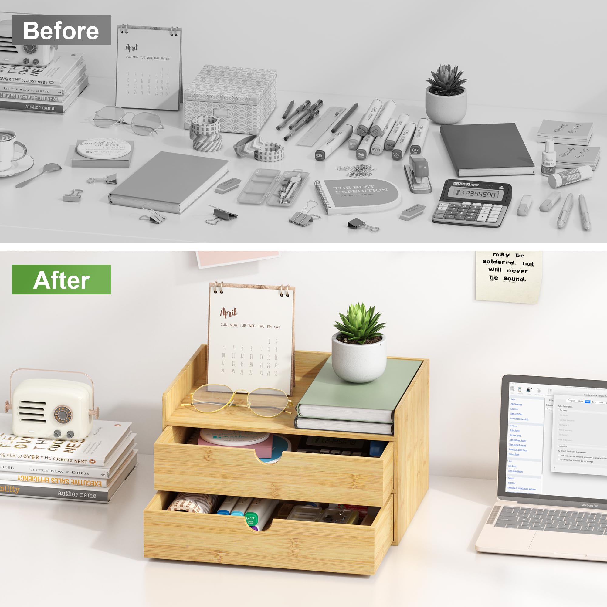 Wisuce Bamboo 2-Drawer Desk Organizer - No Assembly Required, Tabletop Storage Box for Office, Home, Vanity & Toiletries Supplies | Perfect for Desk Organization, Bathroom Storage & Makeup Accessories