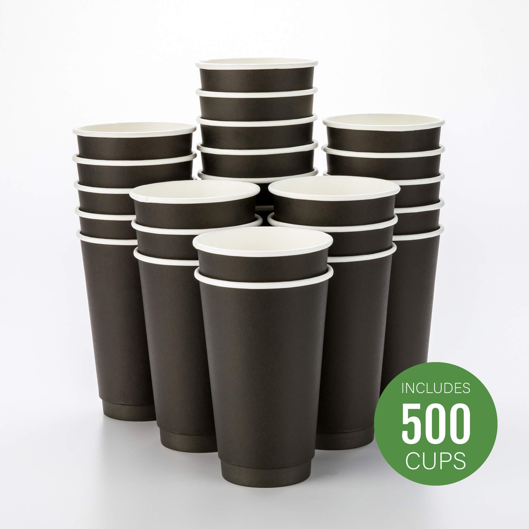 16oz Disposable Double Wall Coffee Cups (500 Pack) - Insulated Hot Cups for Coffee, Tea, Hot Chocolate - Rippled Black Paper Design - Lids Sold Separately - Perfect for Cafes, Offices & Home Use