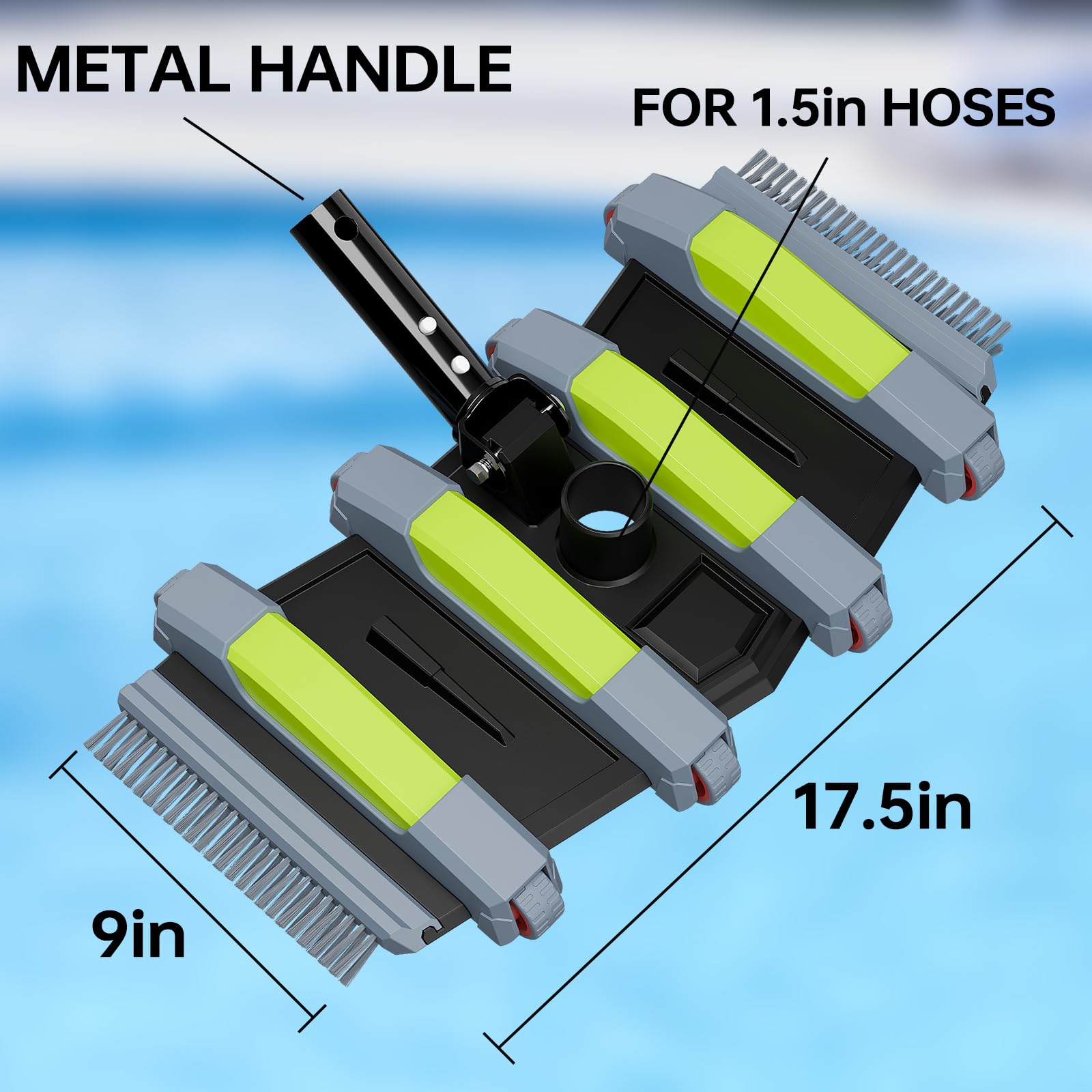 Heavy Duty Pool Vacuum Head with Wheels & Aluminum Handle - Professional Weighted Flexible Swimming Pool Cleaner for Inground & Above Ground Pools - Perfect for Leaves, Debris & Algae Removal