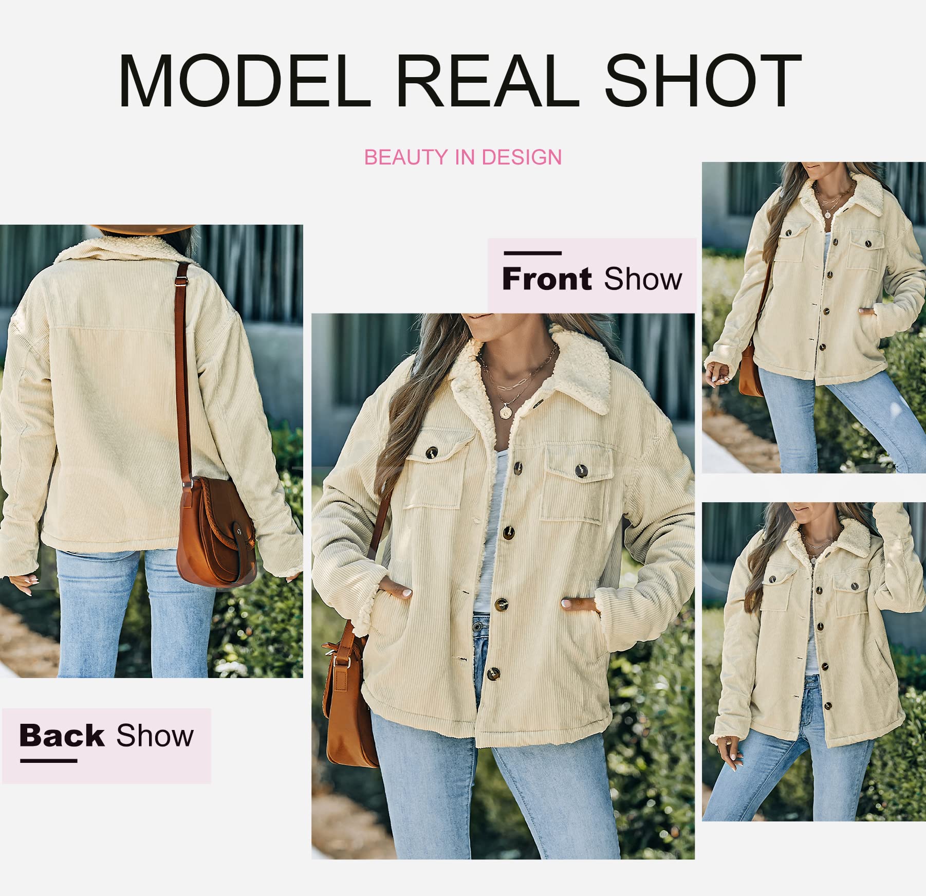 Dokotoo Women's Corduroy Sherpa Jacket with Fleece Lining & Fur Collar - Winter Warm Button Down Coat for Casual Outings & Outdoor Activities