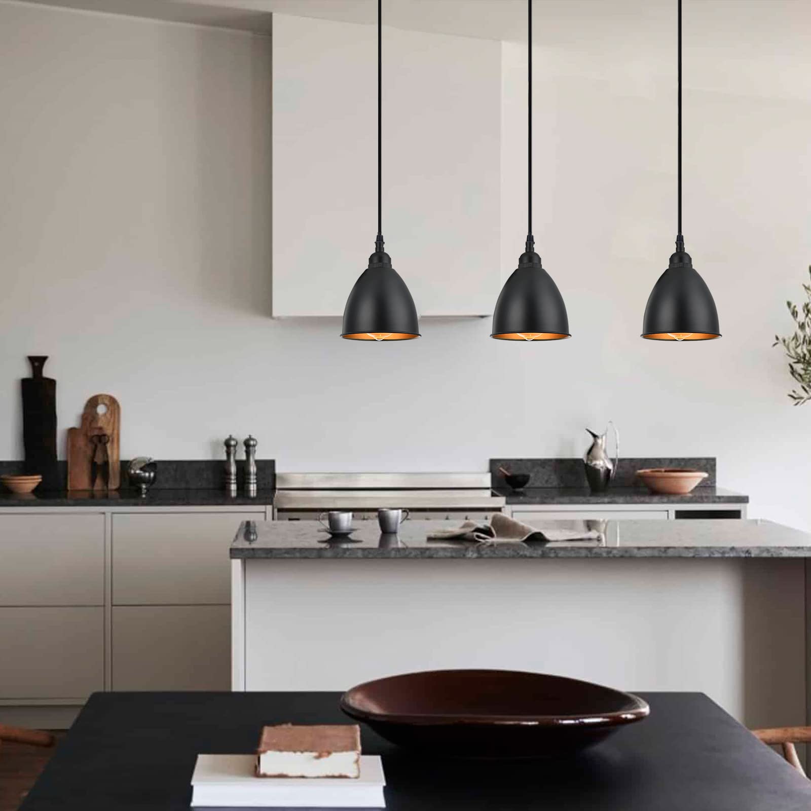 Terleenart 3-Light Industrial Farmhouse Kitchen Island Pendant Light - Matt Black Metal Bell Shade with Golden Accents, Hanging Chandelier for Dining Room, Table, Staircase & Hallway | Perfect for Modern Farmhouse Decor & Kitchen Lighting