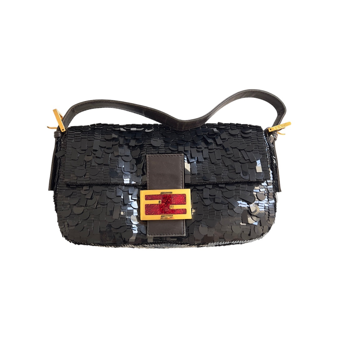 Vintage Fendi Black Sequin Baguette Bag - Stylish Shoulder Purse for Women, Perfect for Parties, Evening Events & Date Nights