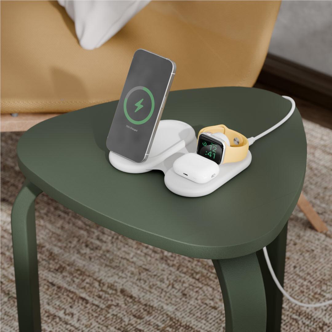 Alogic PackAway 3-in-1 Qi2 Certified Wireless Charging Stand for iPhone, AirPods & Apple Watch - Fast Charging Station with Foldable Design (White) - Perfect for Home, Office & Travel