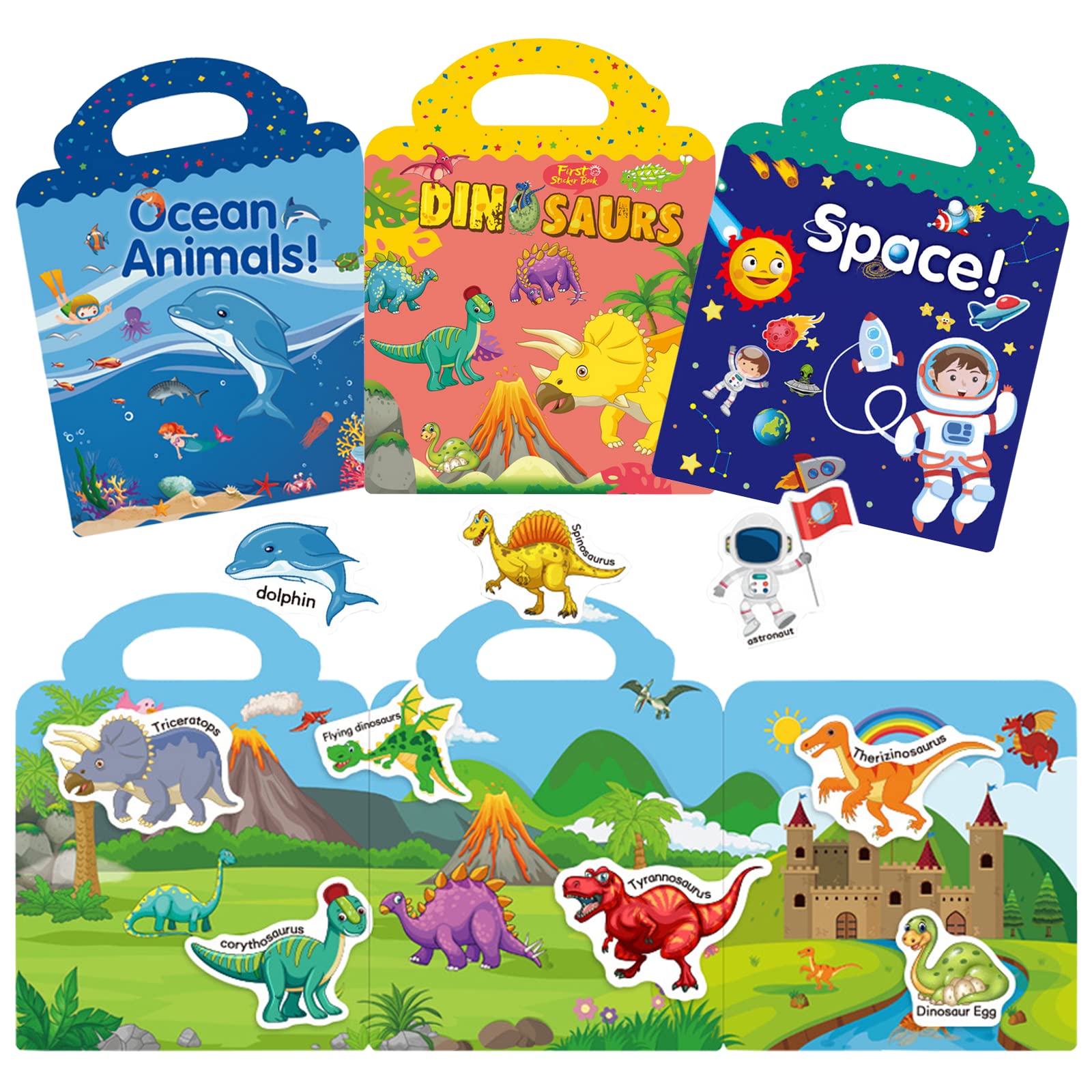 Reusable Sticker Books for Kids - Educational Travel Learning Toys for Toddlers 3-5 Years Old | Dinosaur, Space & Ocean Animal Themes | Perfect for Road Trips, Airplane Activities & Preschool Learning