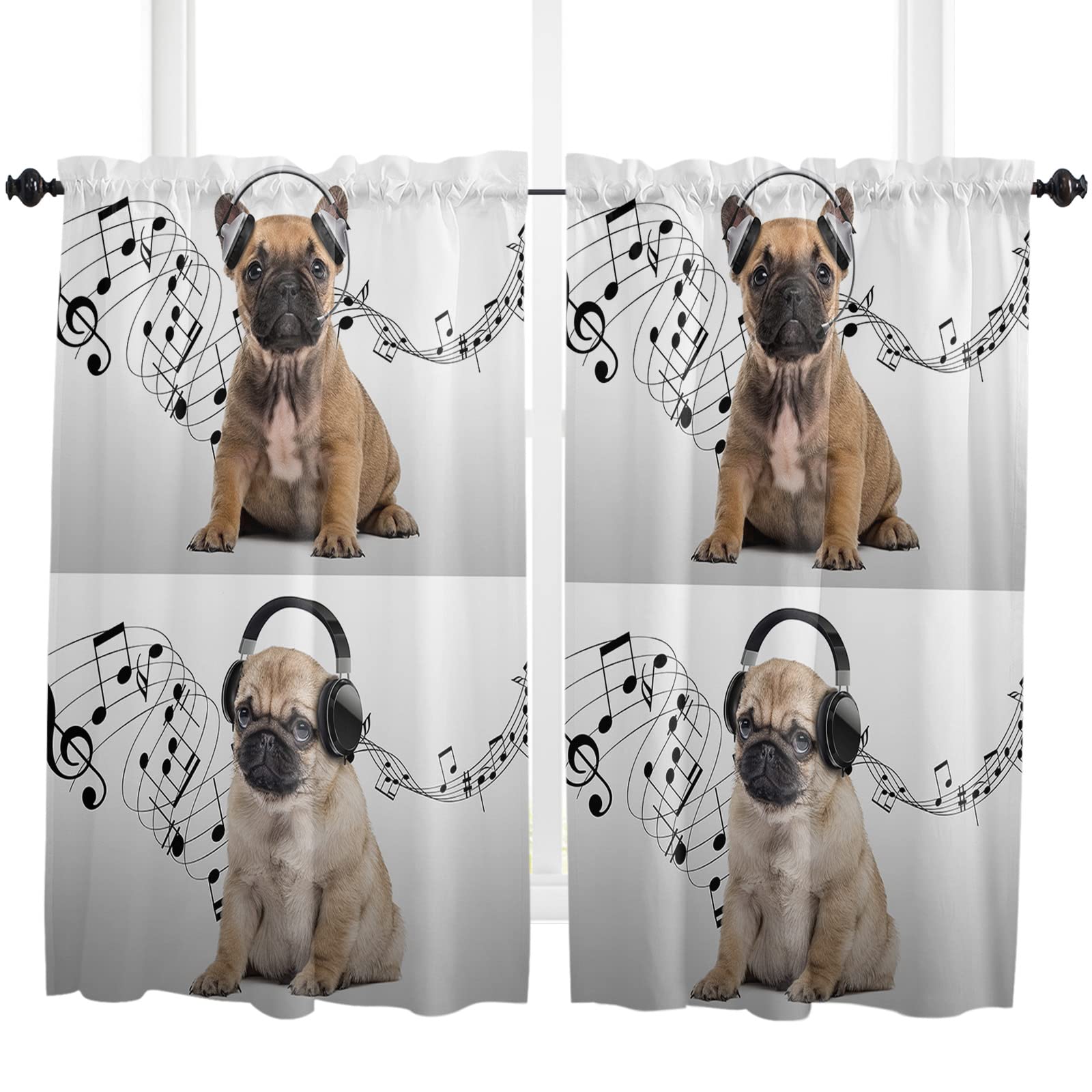 Funny Puppy Listening to Music Window Curtains - Set of 2 Panels, 54 Inches Long, Light Filtering Rod Pocket Curtains for Kitchen, Bathroom, Cafe or Bedroom - Cute Baby Dog Design with White Splicing for Home Decor