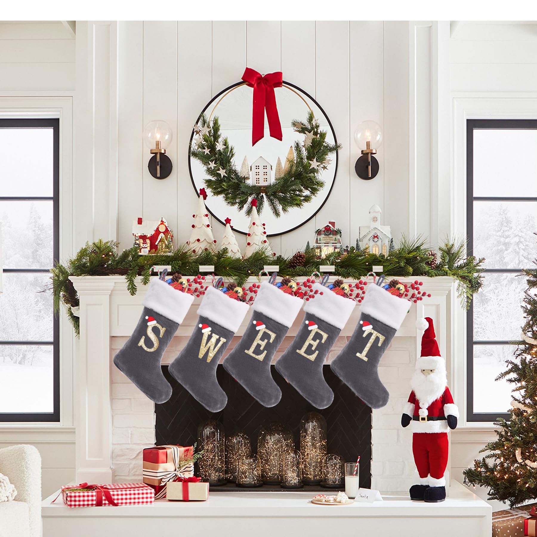 20 Inch Personalized Monogram Christmas Stockings - Large Grey Velvet with White Plush Cuff - Custom Holiday Stockings for Fireplace, Xmas Tree Decor & Festive Gift Giving