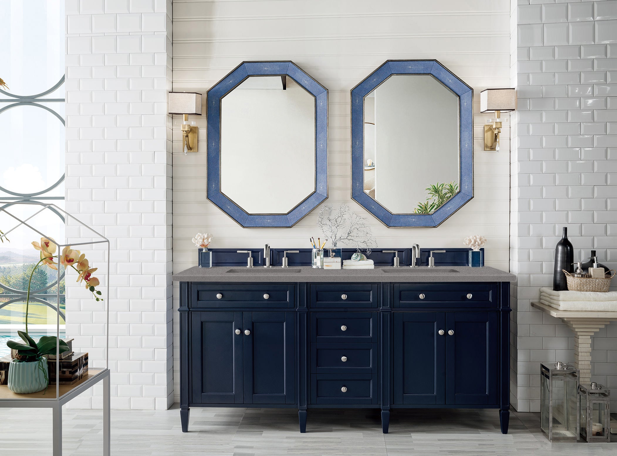 Brittany 72-Inch Victory Blue Double Vanity with 3CM Grey Expo Quartz Countertop - Perfect for Modern Bathroom Renovation & Luxury Master Suite Design
