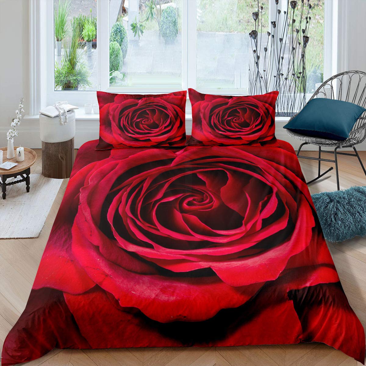Erosebridal Red Rose Petals Duvet Cover Set - Queen Size Romantic Bedding with Zipper Closure, 3-Piece Breathable Comforter Cover for Valentine's Day & Anniversary Gifts (Perfect for Couples, Master Bedroom & Guest Room Decor)