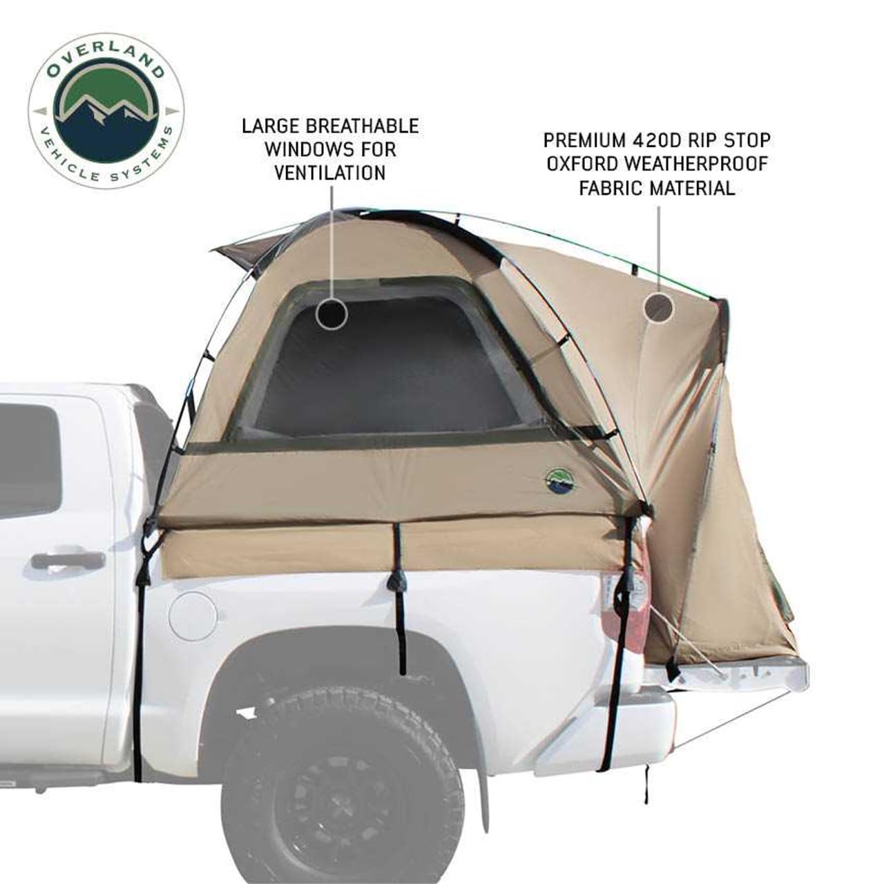 Overland Vehicle Systems LD TACT Truck Bed Tent - Waterproof Camping Tent for Pickup Trucks with Tan Body & Green Rainfly - Perfect for Outdoor Adventures, Camping Trips, and Off-Road Excursions