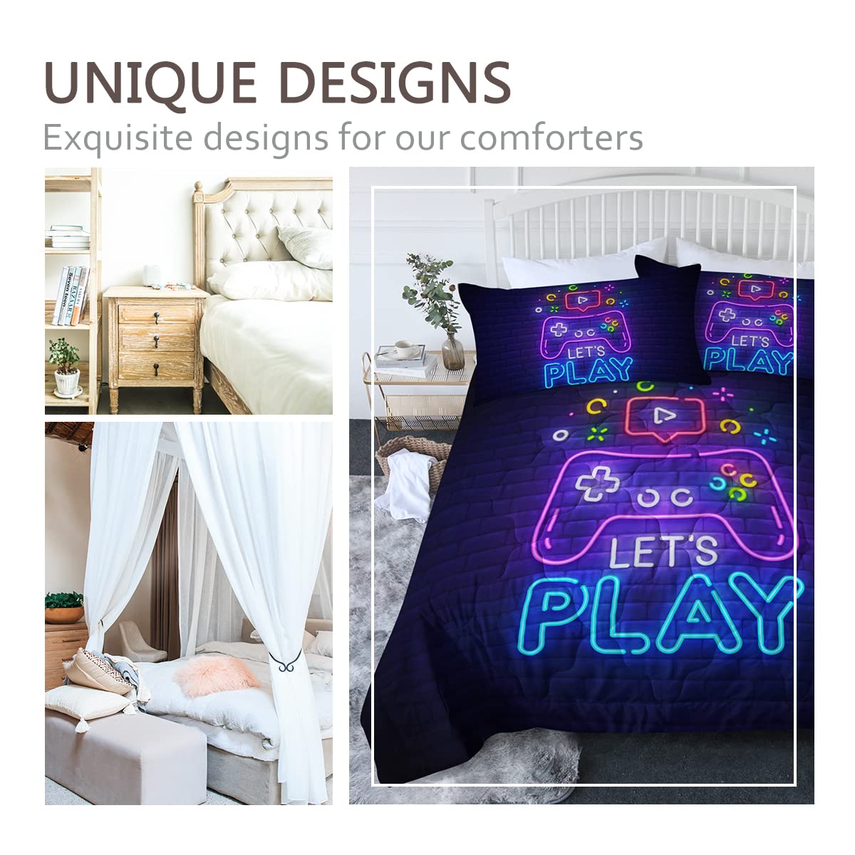 BlessLiving Gaming Comforter Set for Boys - Trippy Gamer Bedding with Comforter & Pillow Shams in Neon Purple/Blue - 3-Piece Video Game Controller Design for Kids & Teens (King Size) - Perfect for Gaming Rooms, Sleepovers & Teen Bedrooms