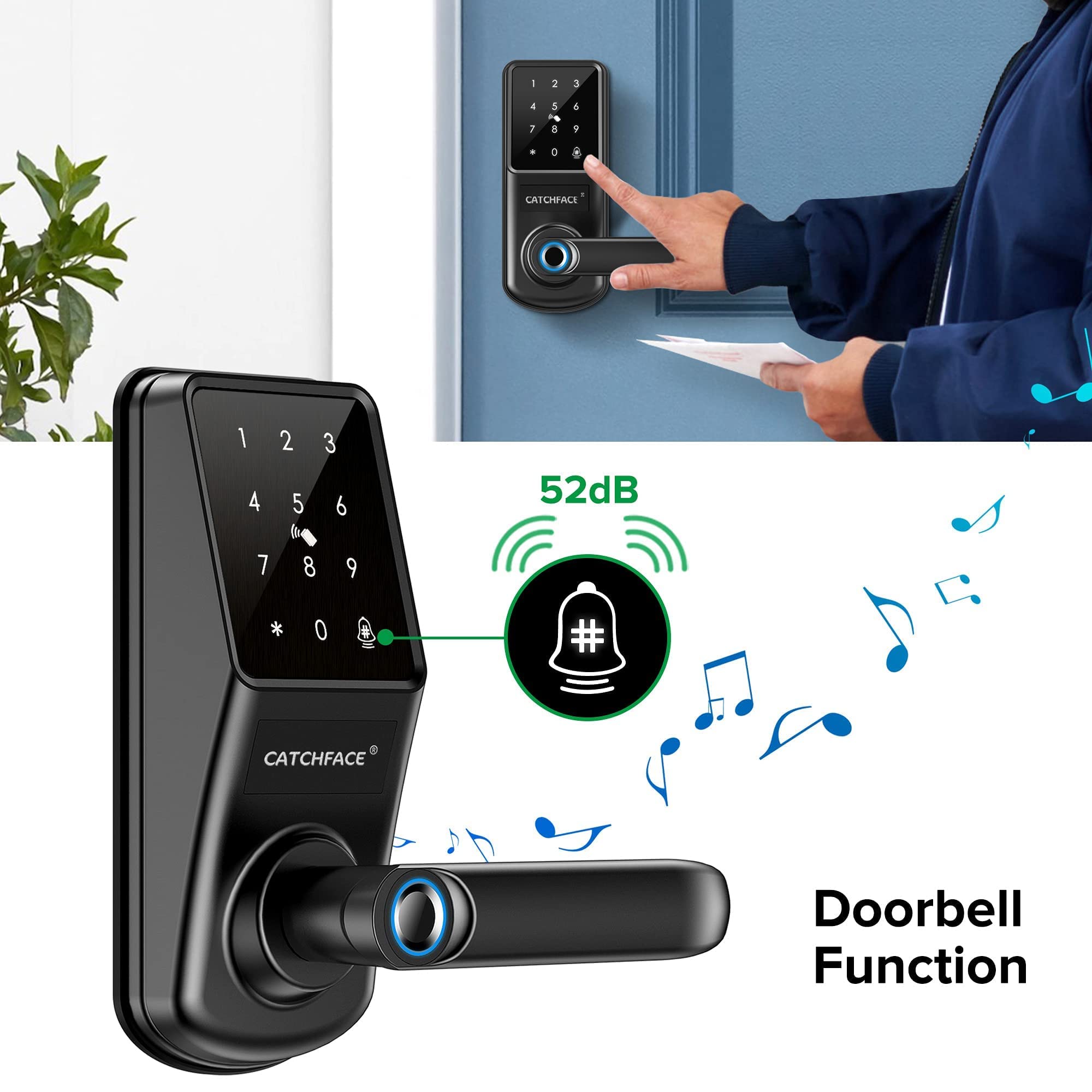 CATCHFACE A290 Smart Lock - Bluetooth Keyless Entry Door Lock with Handle, Fingerprint Biometric Lock, TTLock Compatible, Works with Cards/Keys/Passcode - Ideal for Front Door, Office & Home Security
