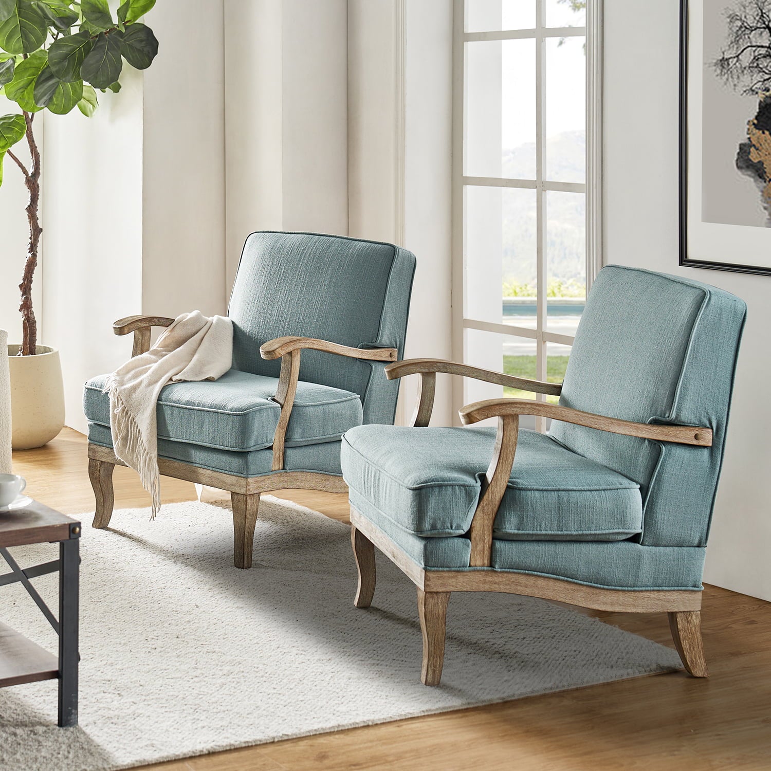 Randolph Farmhouse Upholstered Accent Chair with Wooden Legs - Comfortable Living Room Armchair for Home Decor, Reading Nook & Cozy Sitting Area (Multiple Style Options Available)