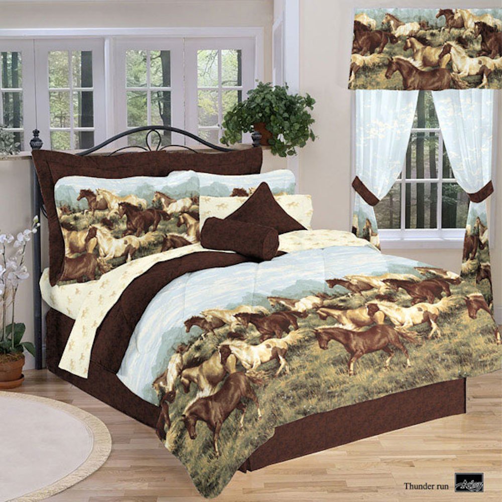Thunder Run Horses Comforter Set Full/Queen Size - 7-Piece Bed in a Bag with Pillow Shams, Reversible Duvet Cover & Sheet Set - Western Horse Theme Bedding for Ranch, Farmhouse or Country Style Bedroom Decor