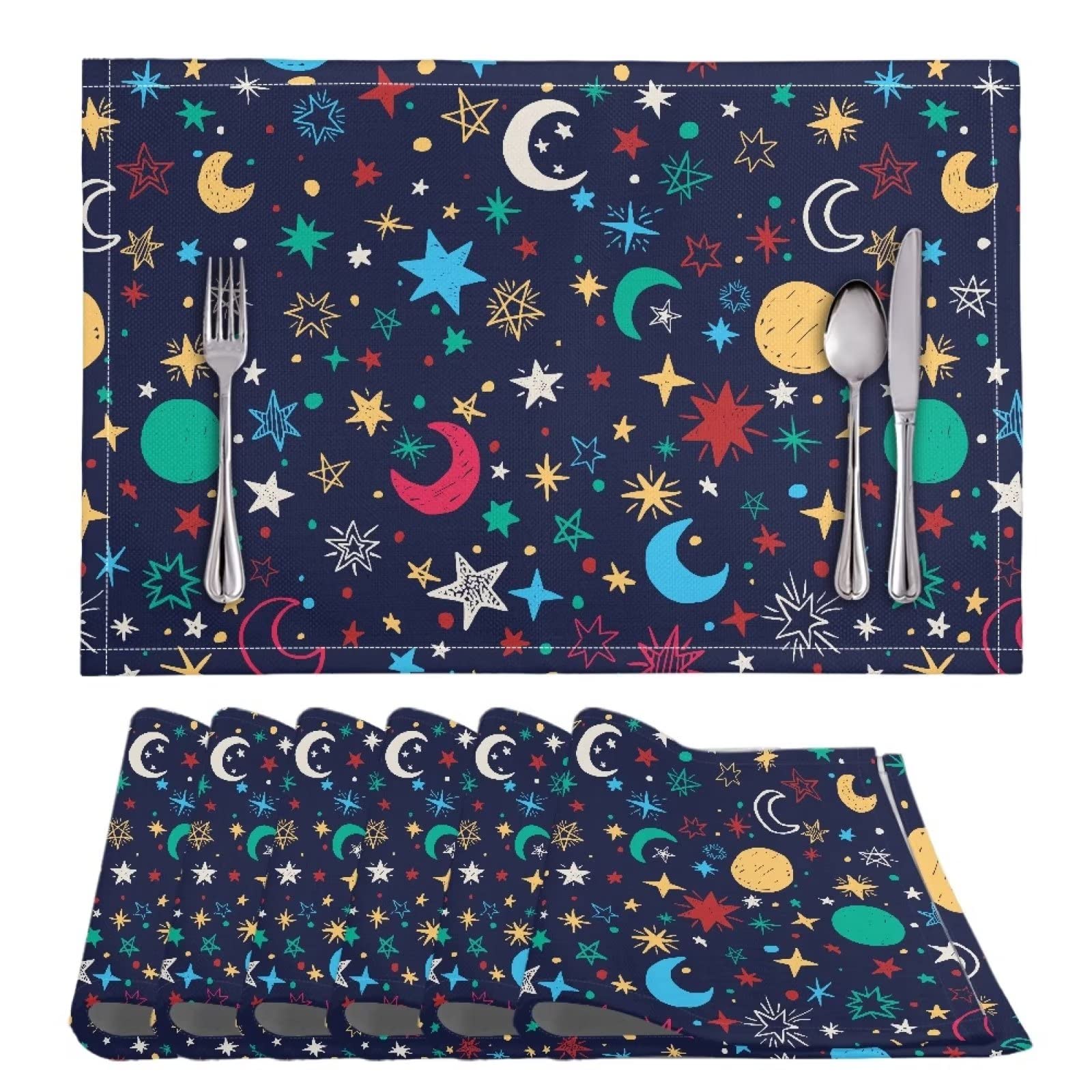 ZPINXIGN Moon Star Placemats Set of 6 - Heat Resistant Washable Table Mats for Kitchen & Dining Room Decor - Perfect for Farmhouse Style, Holiday Dinners & Everyday Use