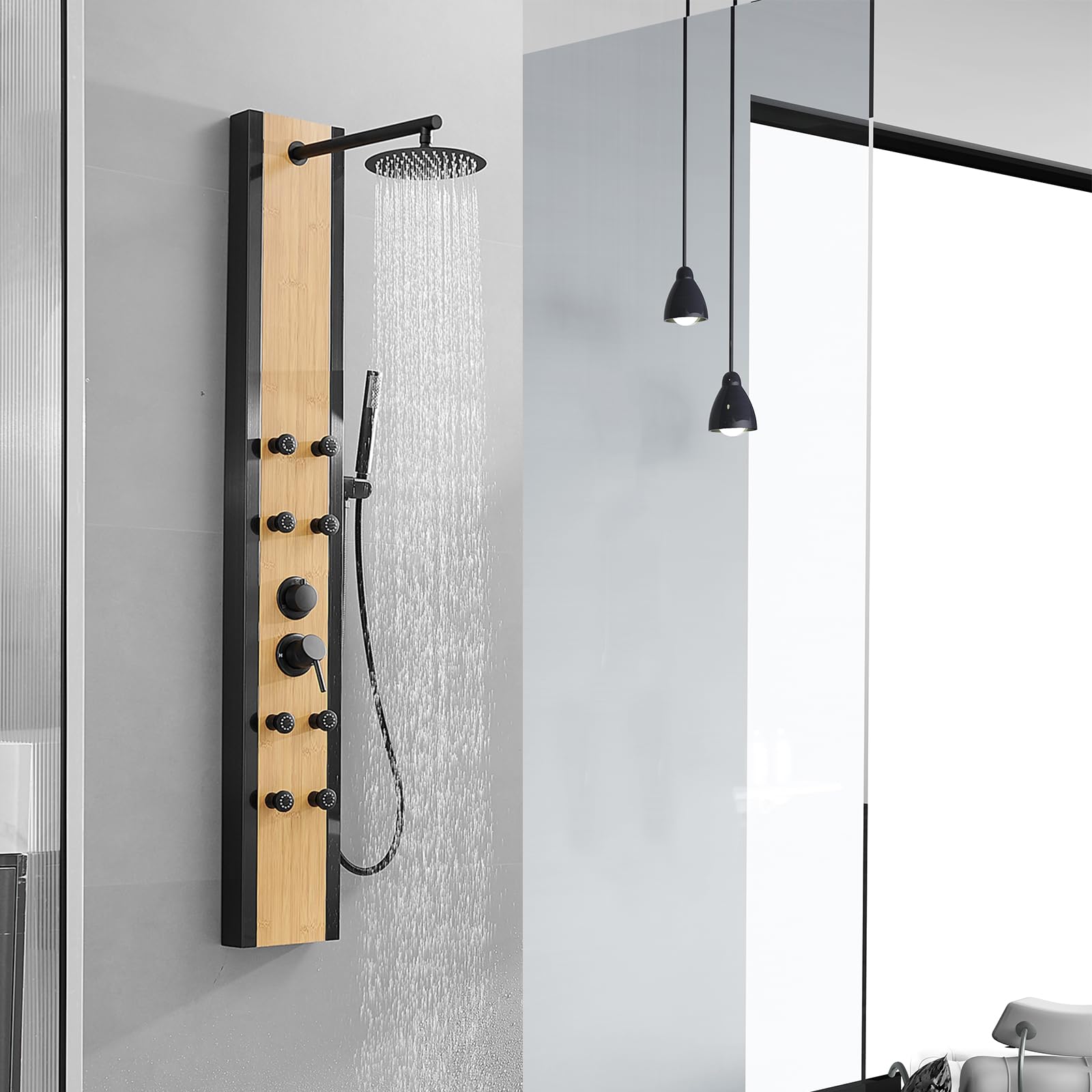 Premium Black Shower Tower with Natural Wood Accents - 304 Stainless Steel Shower Panel System Featuring 8-inch Rainfall Showerhead & 4 Massage Body Jets - Perfect for Home, Hotel, and Luxury Bathroom Renovations - Creates Spa-like Experience for Relaxation and Refreshment