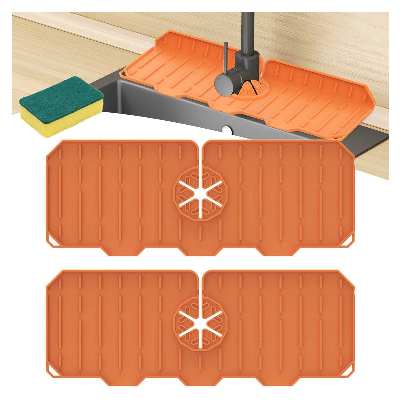 2-Pack Silicone Faucet Drip Catcher Mats - Non-Slip Sink Splash Guard & Water Absorbing Kitchen Sink Protector for Bathroom, RV, Farmhouse - Orange Kitchen Accessories (Perfect for Preventing Water Spills & Keeping Countertops Dry)