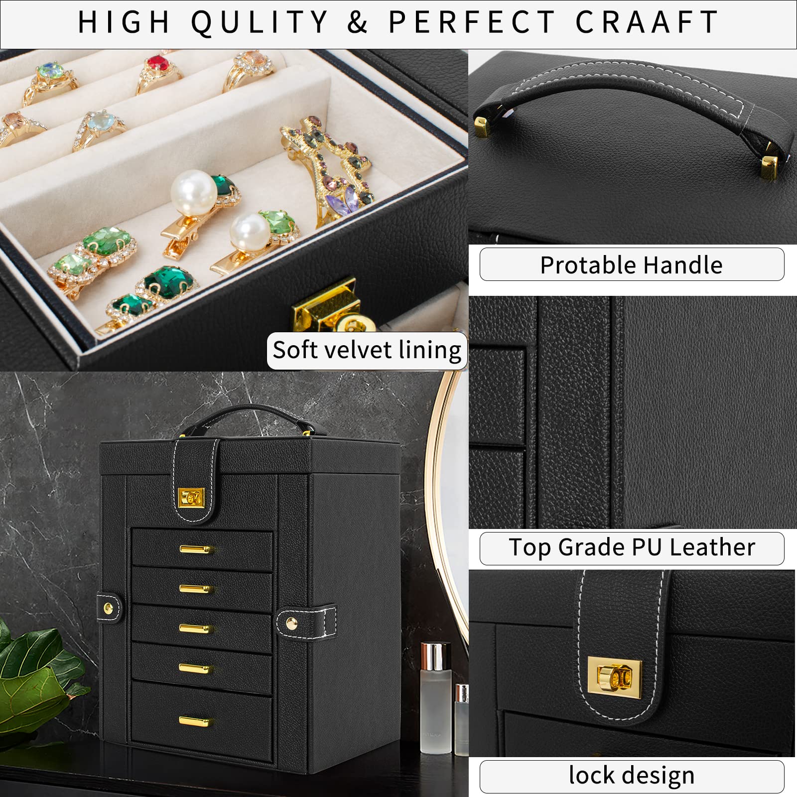 AKOZLIN Leather Jewelry Box Organizer for Women - Elegant Storage Case with Mirror for Rings, Necklaces, Earrings & Bracelets | Perfect for Travel, Home Vanity & Gift Giving