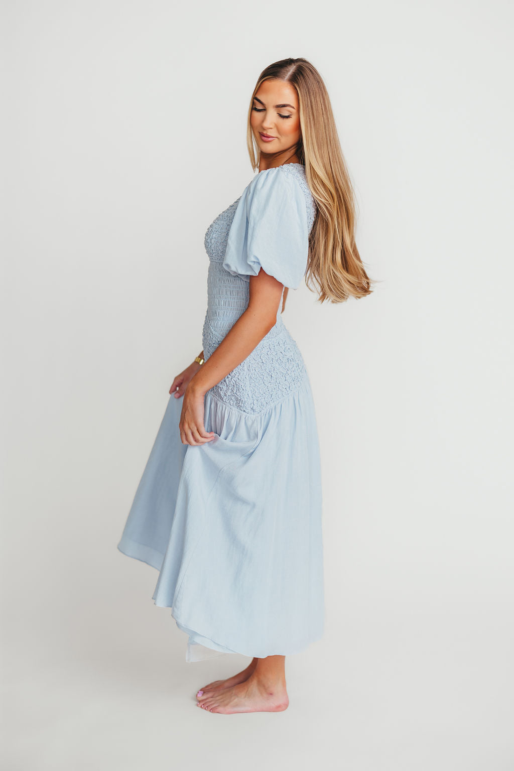 Theoni Women's Blue Asymmetrical Smocked Dress - Flowy Summer Midi Dress for Beach, Wedding & Casual Outings